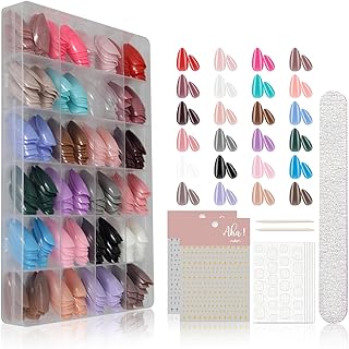 576 PCS 24 Color Short False Nails Press on Nails Almond False Nails Set,Full Coverage Stick on Nails for Women False Nails With Glue,for Girls DIY Nail Art Design