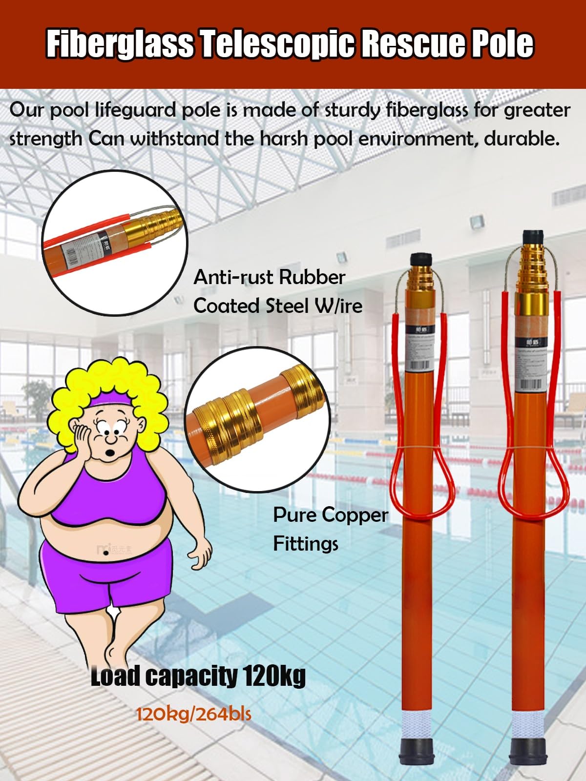 Poste de rescate profesional para piscina con gancho de seguridad luminoso y reflectante para niños adultos para parques acuáticos, clubes de natación y playas, equipo salvavidas esencial para pisci