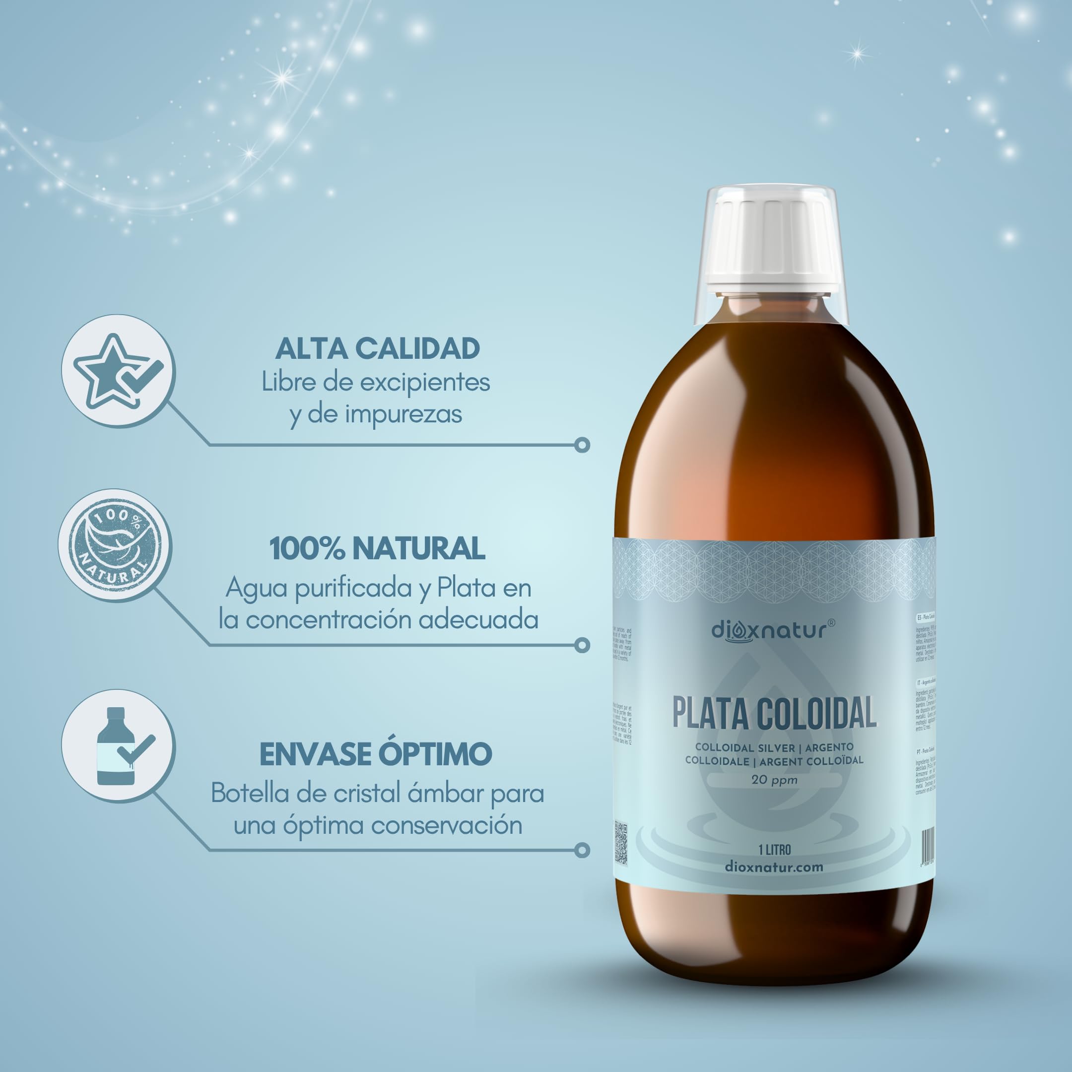 Plata Coloidal 1 L - 20 ppm - 99,99% Pureza - Solución Líquida con Agua Bidestilada - Botella Vidrio Ámbar con Spray y Vasito Medidor