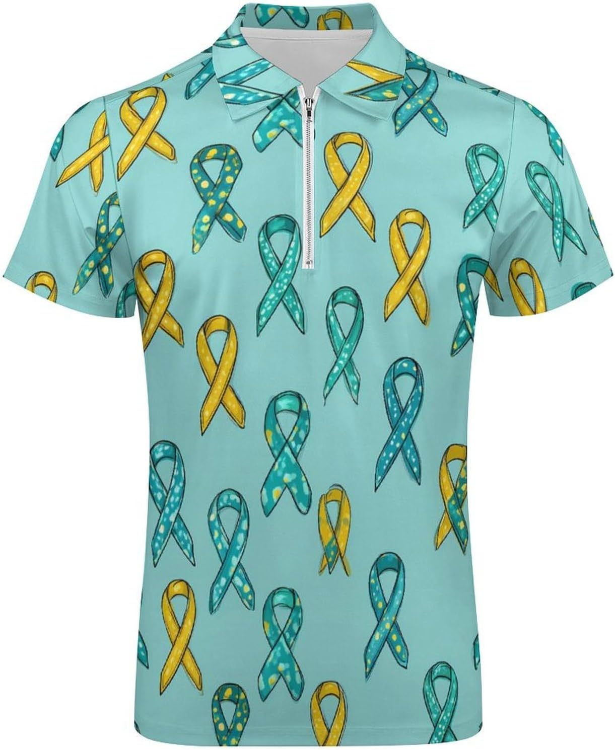 Teal Ribbon Painted Ovarian Cancer Men's Polo Shirts Golf Short Sleeve Tops | Casual Workout,Golf T-Shirt,Zippered Tee,Collared,Print