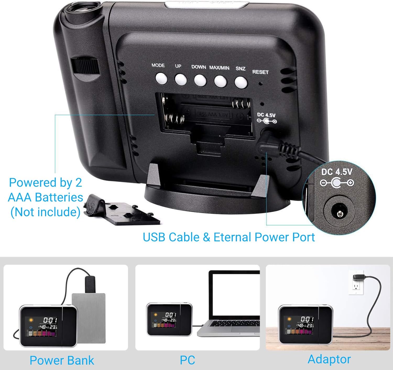 Қафо view of the Diyeeni Projection Alarm Clock showing the battery compartment and USB power port.