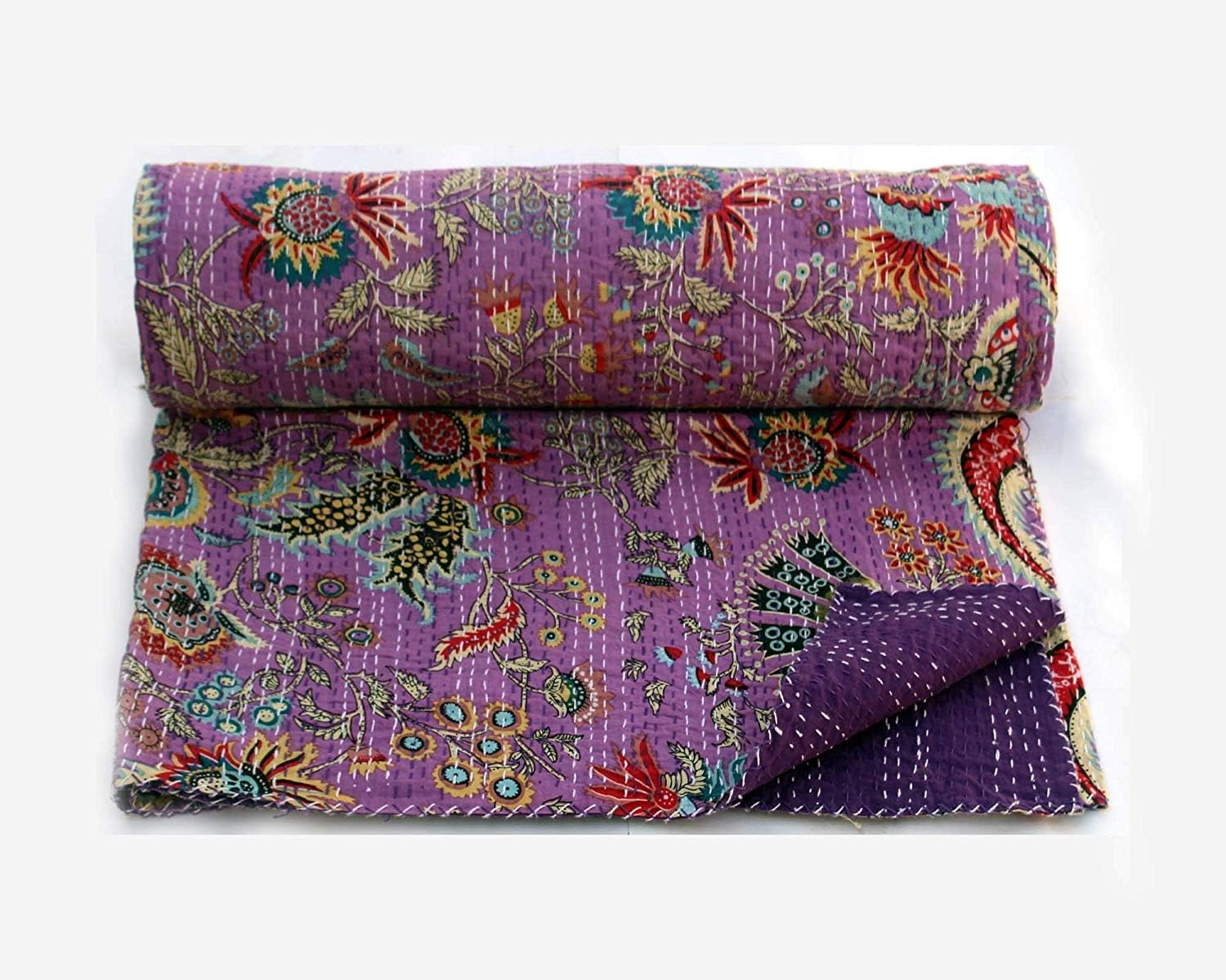 Stunning Purple Multicolor Mukut Print King Size Kantha Quilt, Kantha Blanket, Bed Cover, King Kantha bedspread, Bohemian Bedding Size 90x108 Inch