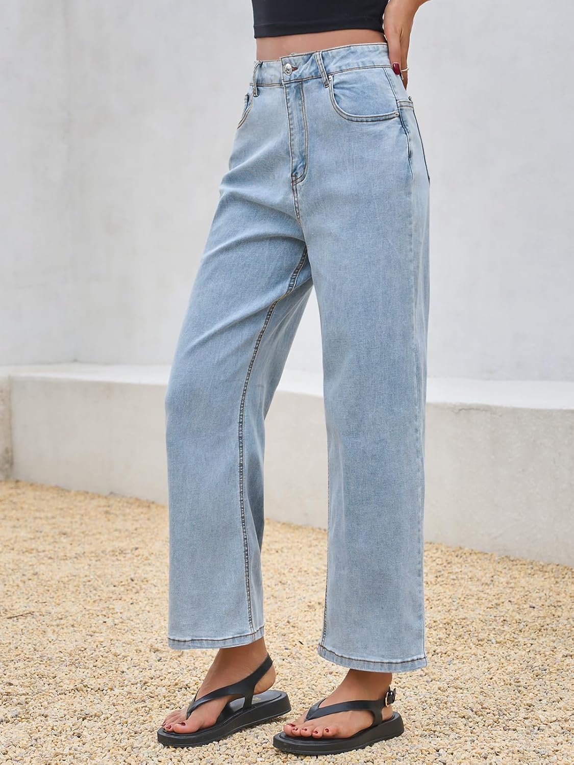 Cicy Bell Womens Baggy Horseshoe Jeans Boyfriend Wide Leg Vintage Mid Rise Cropped Denim Pants Light Blue - Image 5