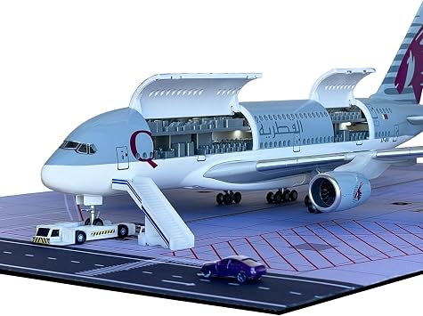 MACHASORS A380 Model Airplane, Upgrade with Openable Doors and Detailed Cabin 1/160 Scale 18.1 Inches 380 Plane Kit with LED Lights, Display Stand and Rubber Airport Mat, Ideal Gift for Aviation Fans