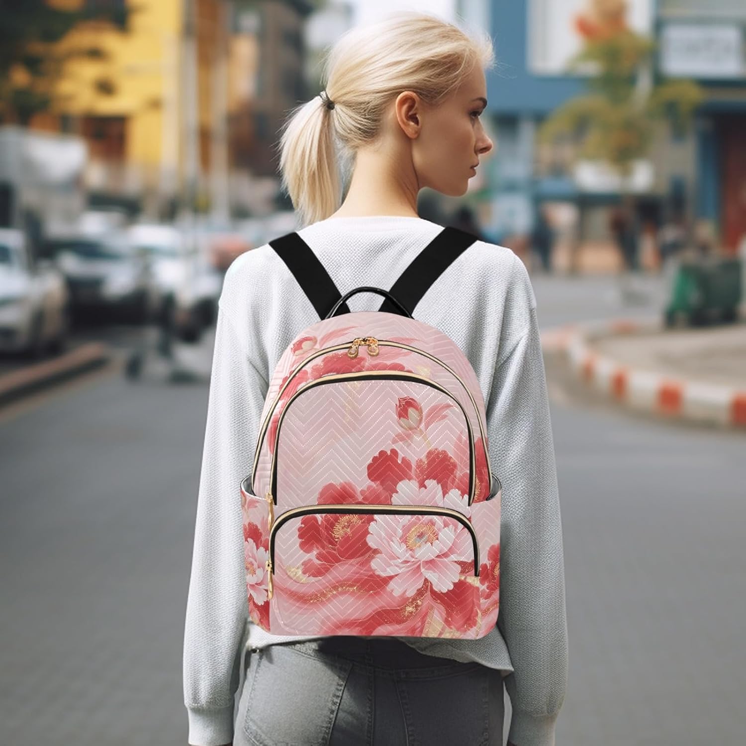 Quilted Backpack for Women Floral Peony Pastel Carry-On 14 Inch Laptop Backpack