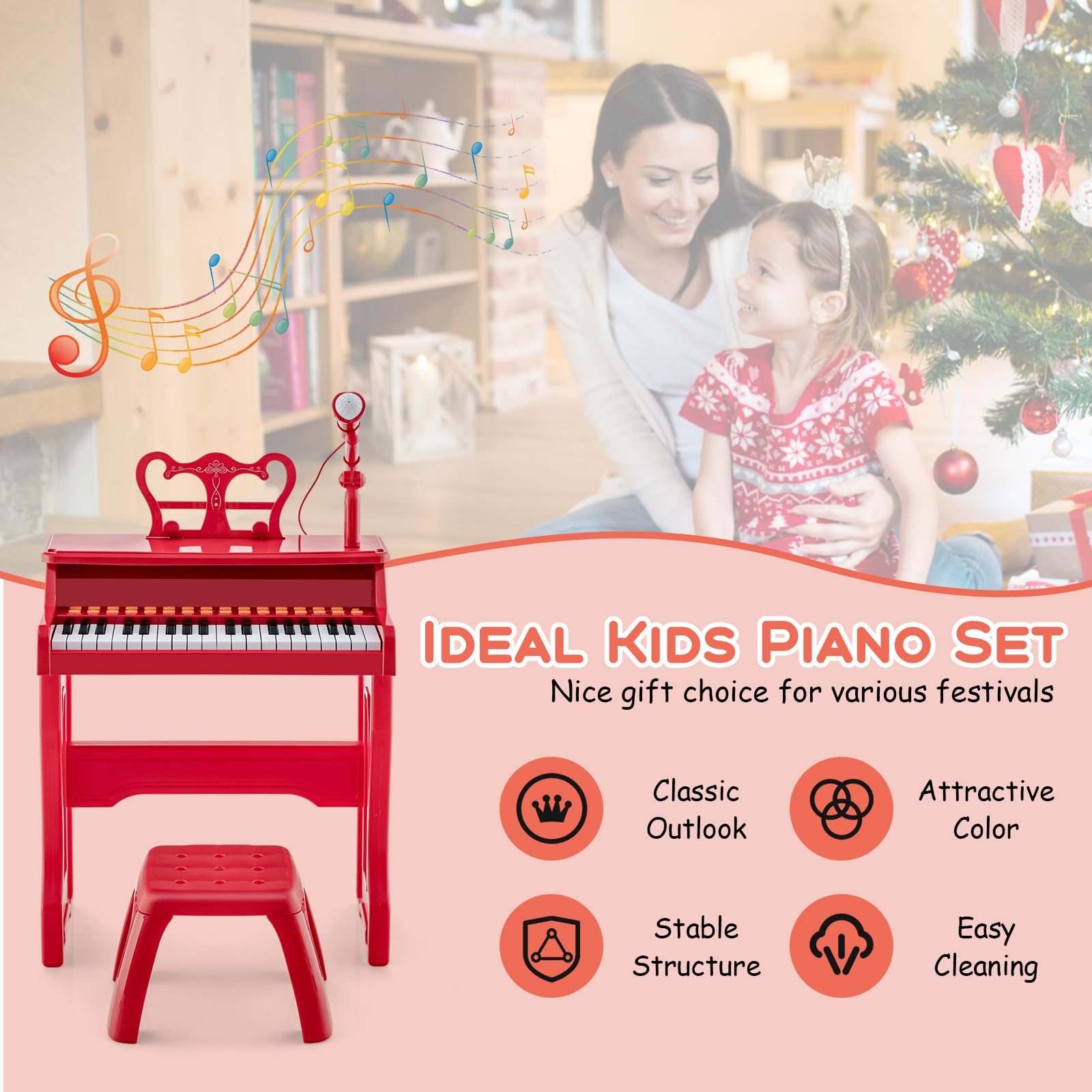 KOMFOTTEU Pianola Bambini Musicale Tastiera, Tastiera Digitale a 37 Tasti, Mini Tastiera per Bambini con Effetti Luminosi e Microfono, Strumenti Musicali con Sgabello, 22 Battiti/8 Toni/8 Ritmi, Rosso