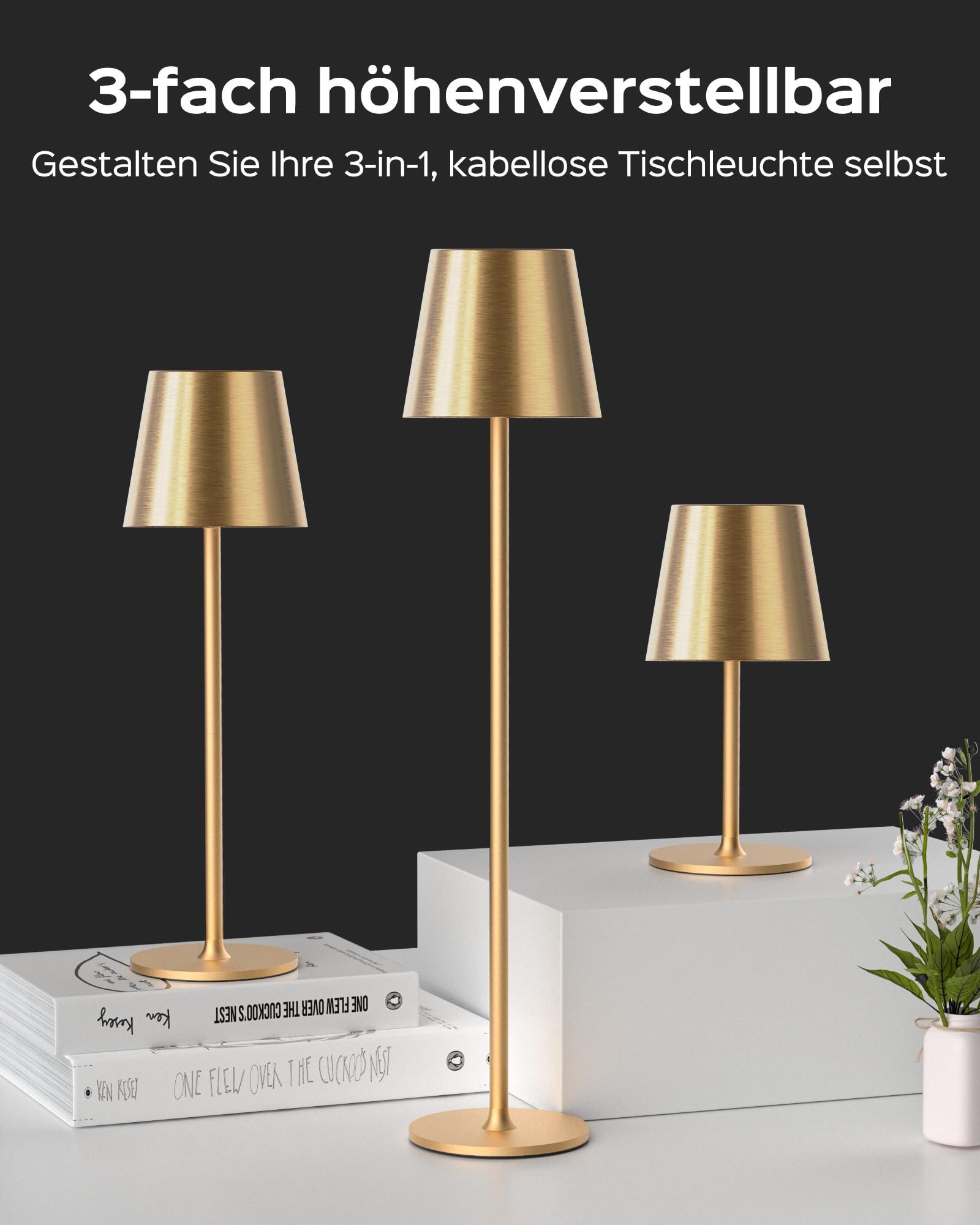 JACKYLED Lampada Da Tavolo Ricaricabile - 3 Altezze Regolabili E 5000mAh