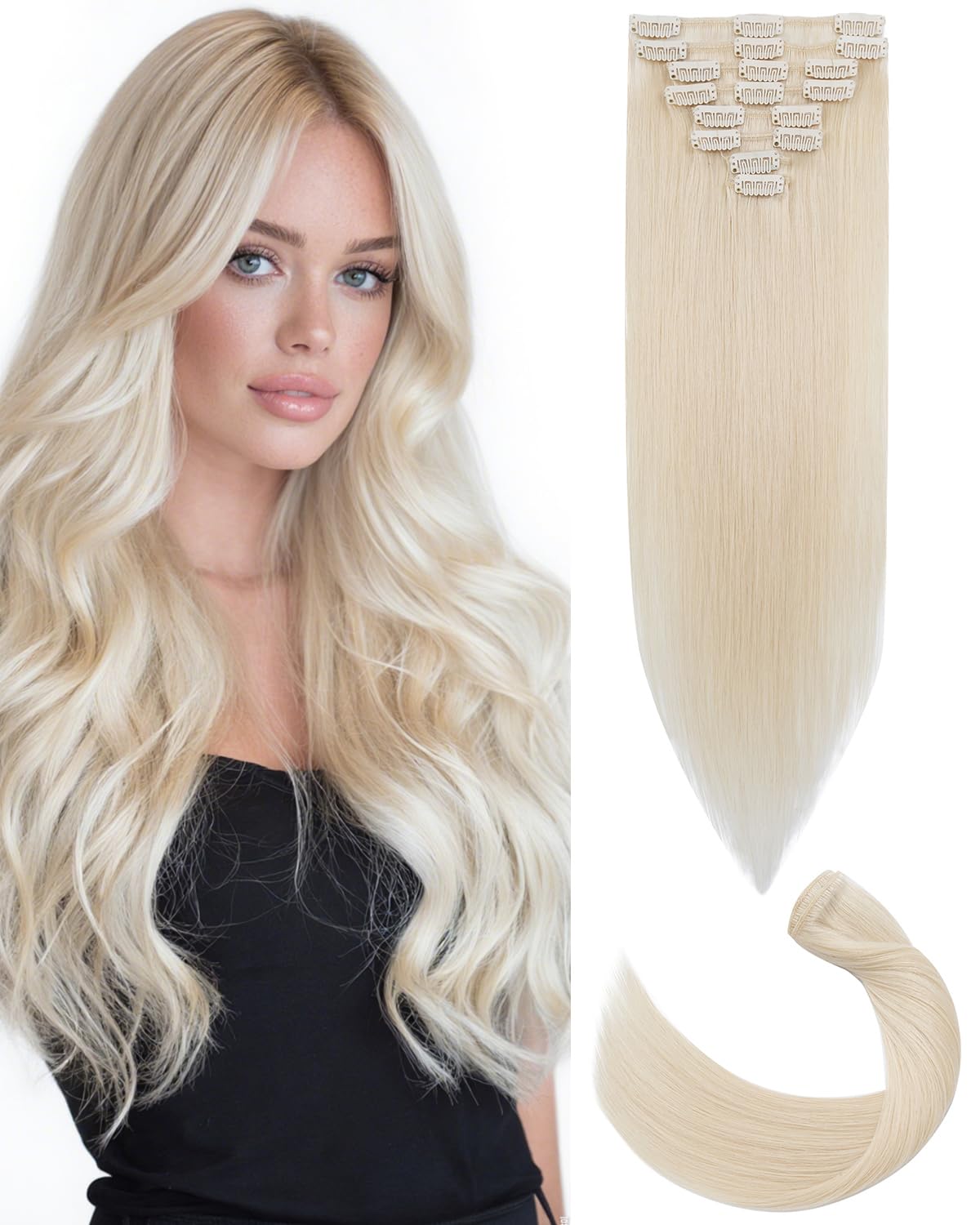 SLEEKALON Real Hair Extensions Clip in Human Hair Remy #70 Bleach White - 22 Inch 75 Gram 8 Pcs Invisible Full Head Weft Straight