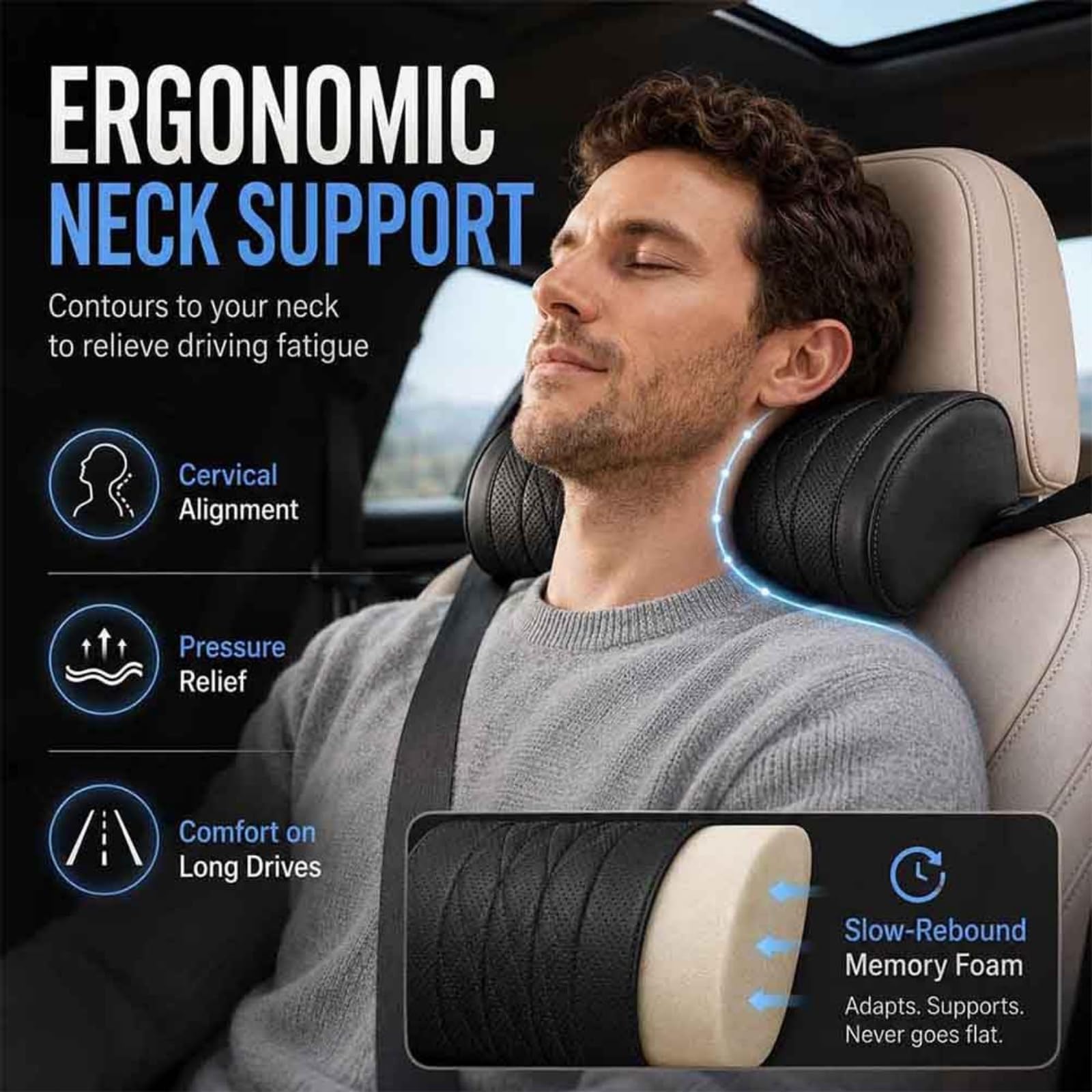 Cojín Reposacabezas Coche de Espuma Memoria y Cuero Napa, Almohada Ergonómica de Cuero para Asiento de Coche, Soporte de Cuello Transpirable con Correa Ajustable para Viaje (Amarillo)