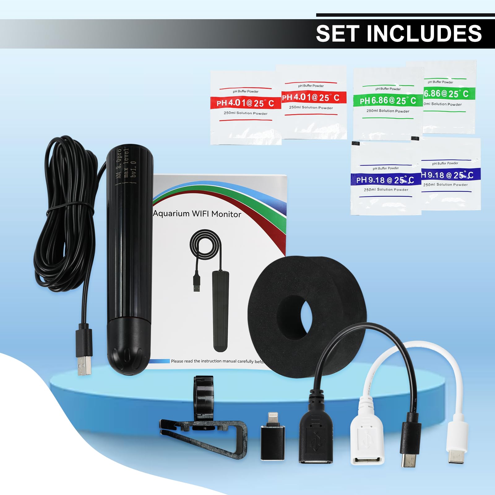 Probador de calidad del agua 7 en 1 WiFi sonda de acuario monitor de agua para pH, temperatura, TDS, salinidad, EC, ORP, S.G con alertas en tiempo real a través de la aplicación para peceras