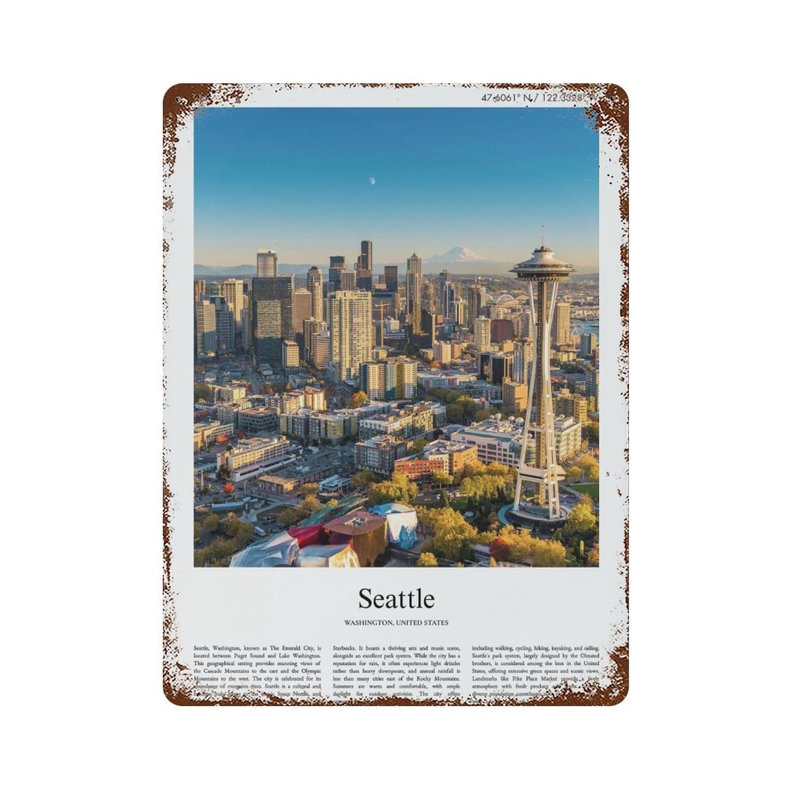 xiaoxiaoshen Seattle Washington, United States, USA City Scenery Wall Decor Art Metal Tin Poster Modern Home Decor Art Home Bar Shop Decorations Vintage Sign 40x30cm