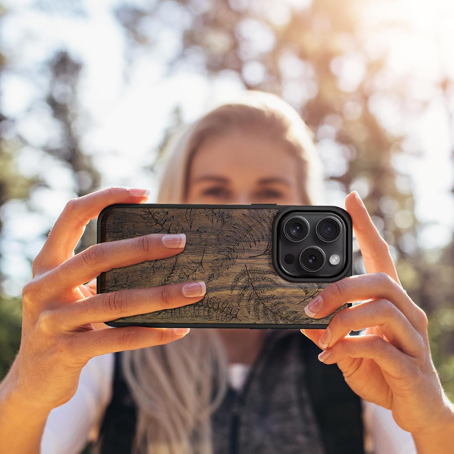Carveit Magnetic Wooden Case for iPhone 16 Pro Case, Wood Artisan Engraved & Black Soft TPU Shockproof Cover, Compatible with MagSafe Wireless Chargers (Fern Leaves & Herbs) Walnut
