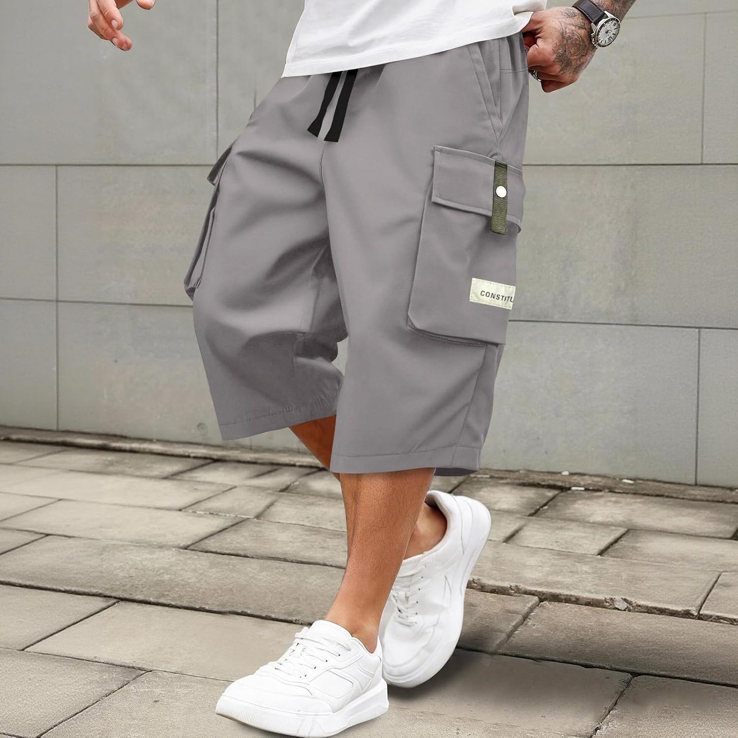 Men's Casual Drawstring Capri Cargo Pants Quick Dry Below The Knee Shorts Elastic Waist Hiking Long Shorts Multi-Pocket