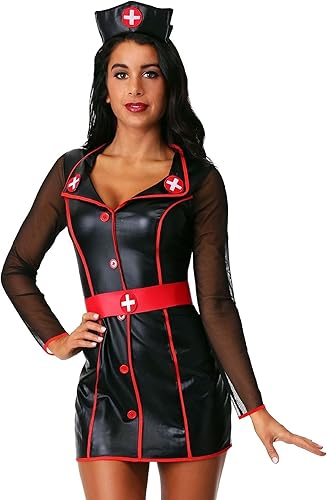 Miniatura 4 de Disfraz de enfermera de turno nocturno para adultos, traje de uniforme negro y rojo con sombrero clásico de enfermera, cinturón rojo