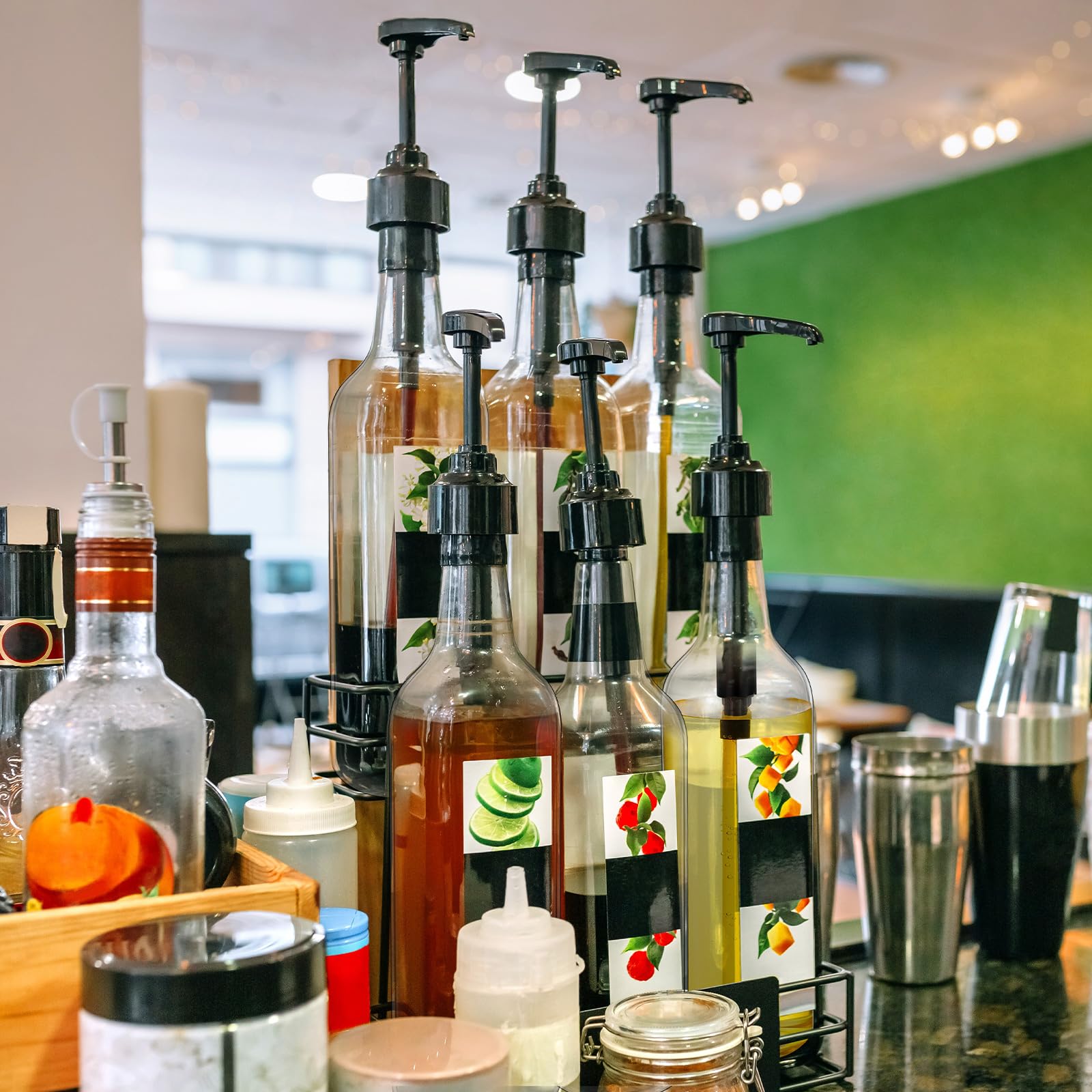 12 botellas de jarabe de 25 onzas con bomba, botellas de cuello largo, dispensador de bomba de jarabe de plástico para cafetería, accesorios para fiestas en el hogar 6