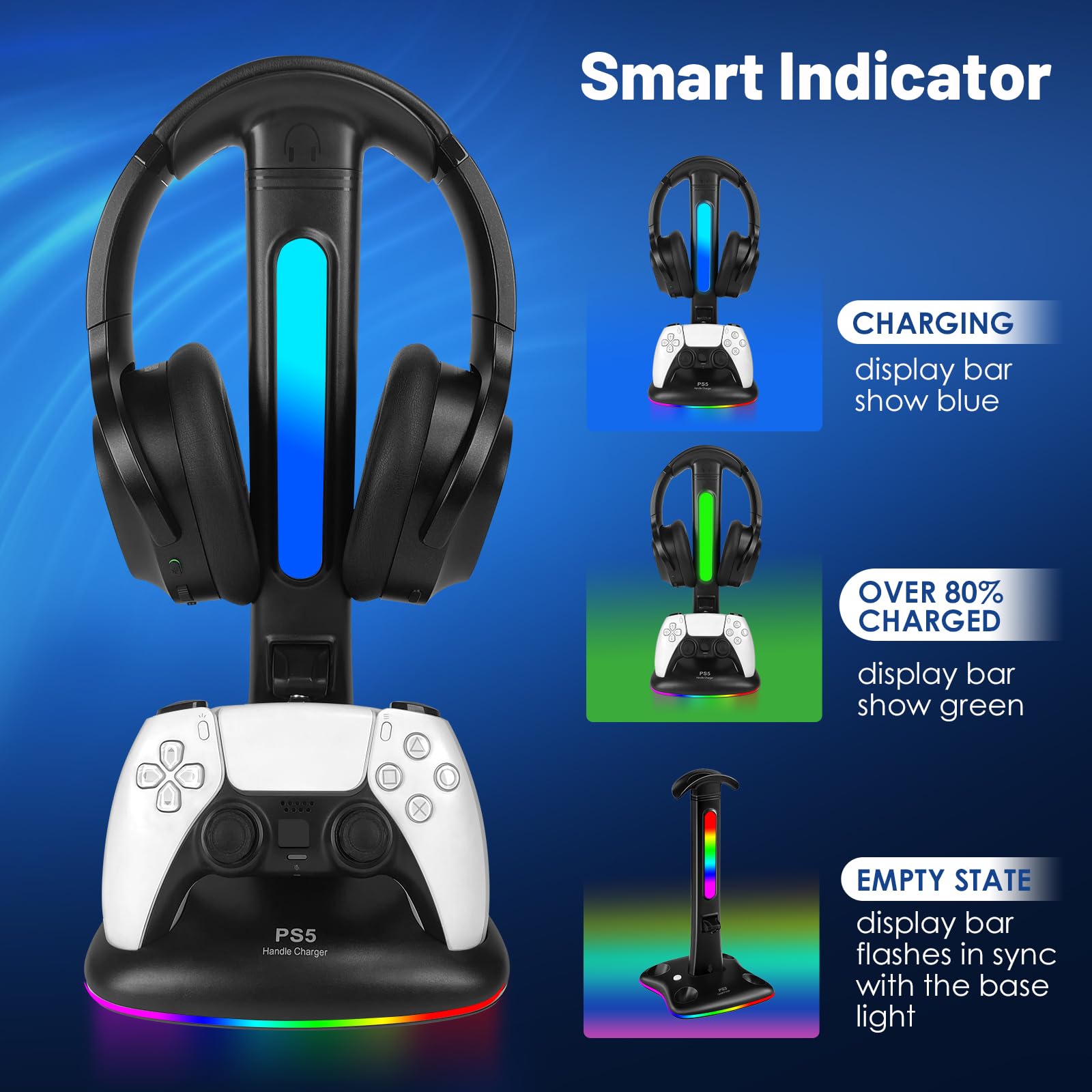 Caricabatterie per controller PS5 con supporto per cuffie RGB, stazione di ricarica per controller PS5 con 2 porte USB, supporto per cuffie e controller per PlayStation 5, regali di gioco per