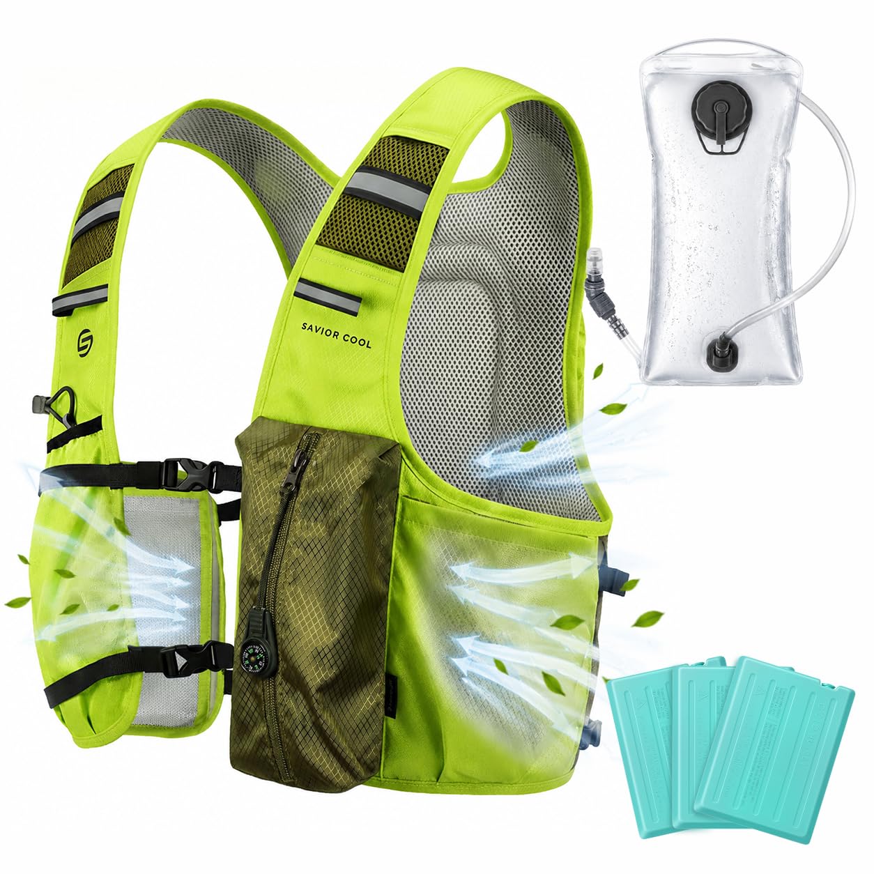 Gilet de course rafraîchissant avec poche d'hydratation de 2 l, sac à dos d'hydratation de 10 l, 3 packs de refroidissement, système de refroidissement de 180 min, réfléchissant, pour