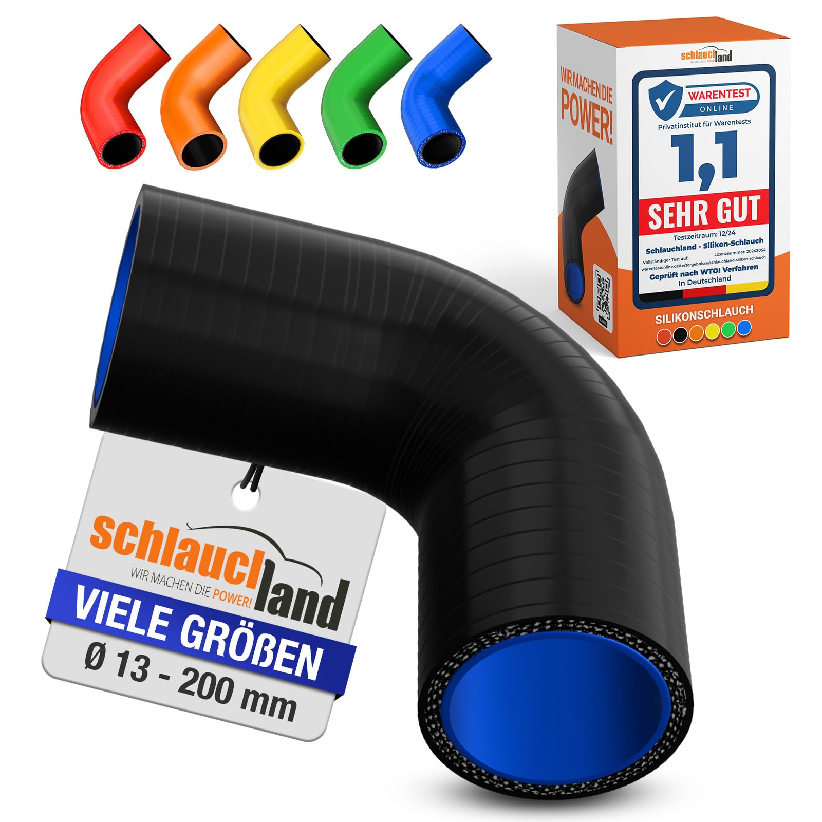 Silikon-Bogen 90° Grad ID-Ø 13mm schwarz 200°C | VIELE FARBEN + GRÖSSEN | Silikon-Schlauch Hochtemperatur Ladeluft LLK Kühler Schlauchbogen Rohr Turbo Motor Kühlmittel Ansaugung Gummi flexibel