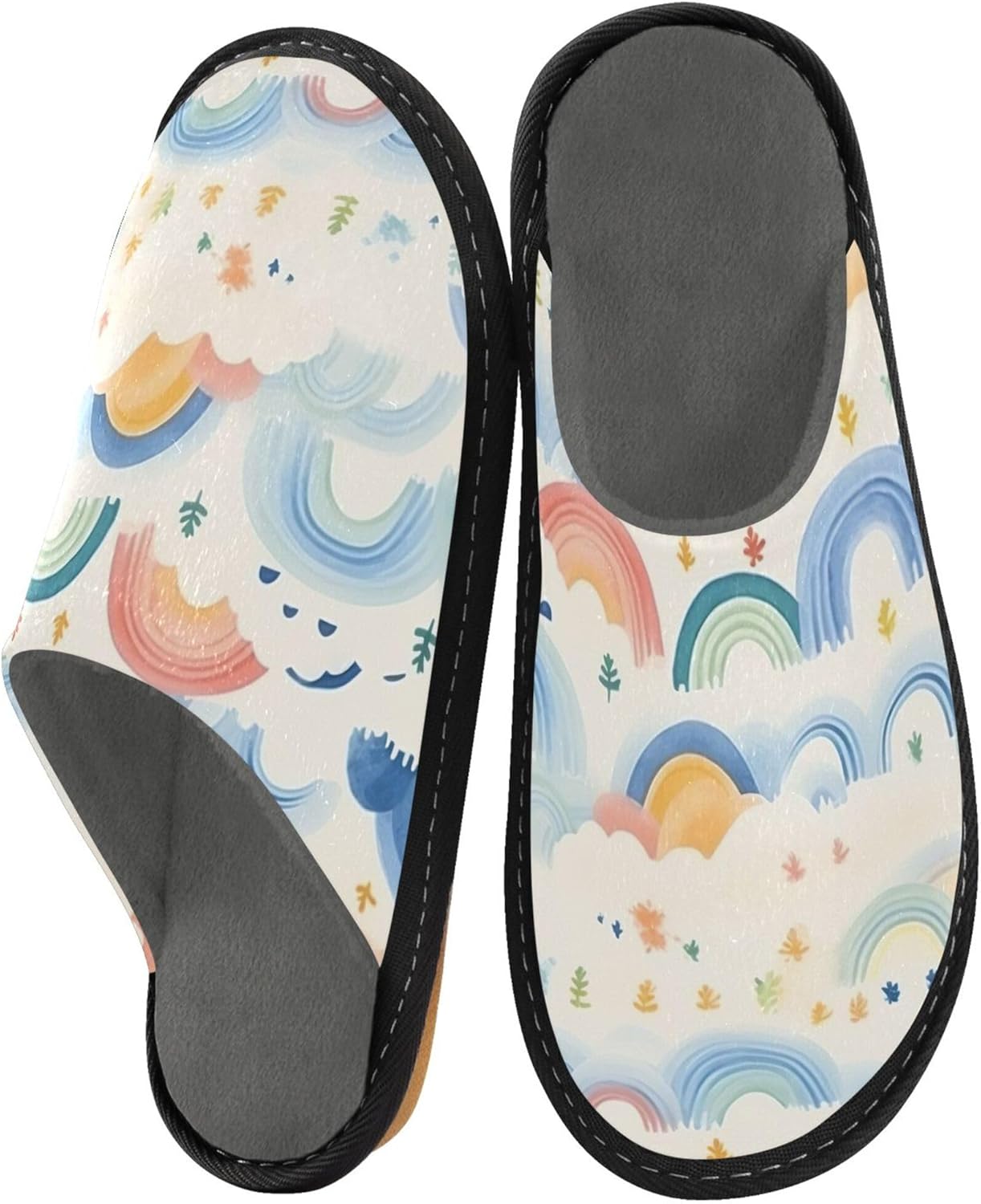 Rainbow Cloud House Slippers – Cozy Fuzzy Slippers for Guests, Washable & Disposable, Perfect for Shoeless Home, Spa & Hotel Use A111071