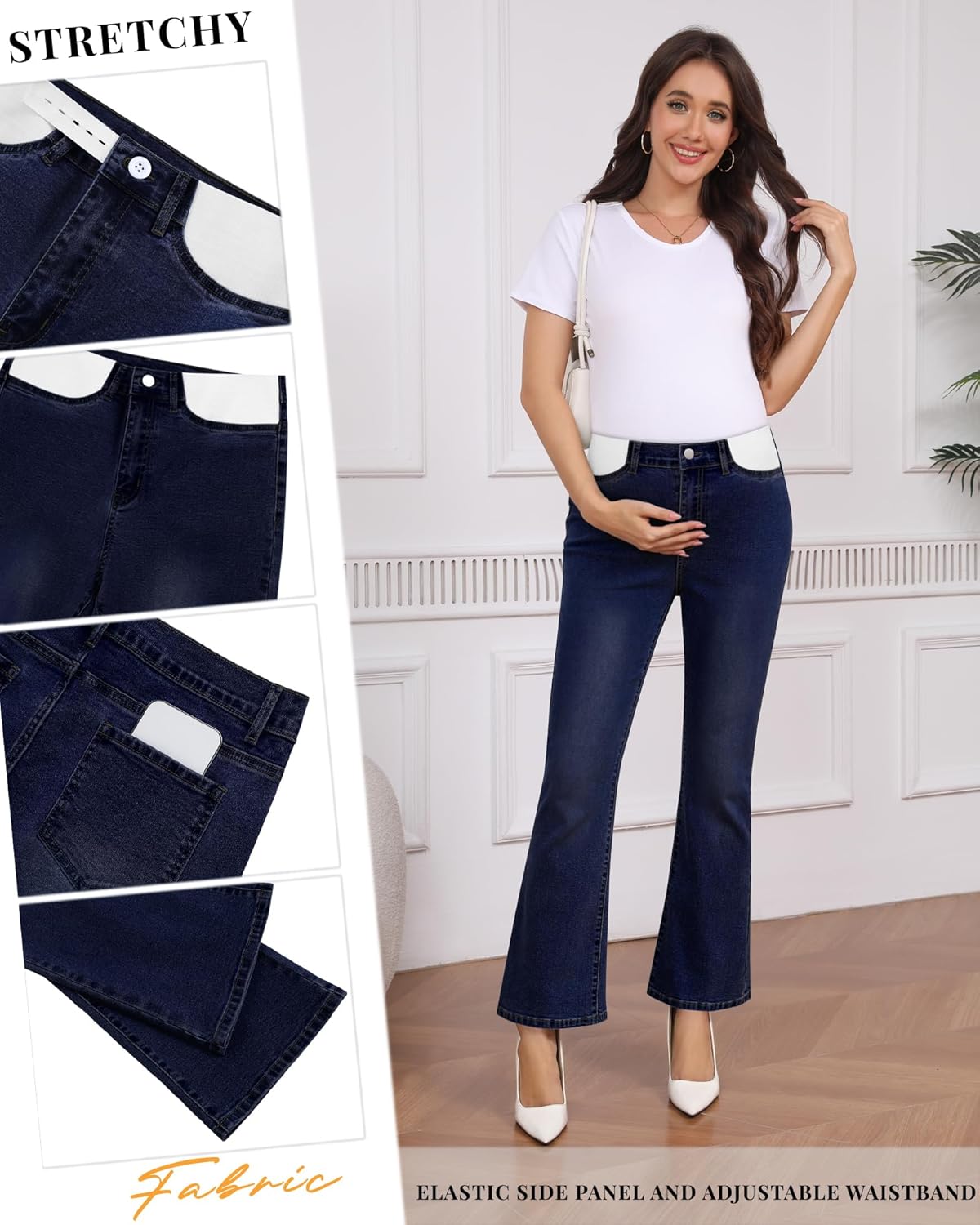 Huukeay Women's Maternity Flare Jeans Over The Belly Stretchy Bell Bottoms Casual Denim Pregnancy Pants Elastic Inset Panel - Image 6