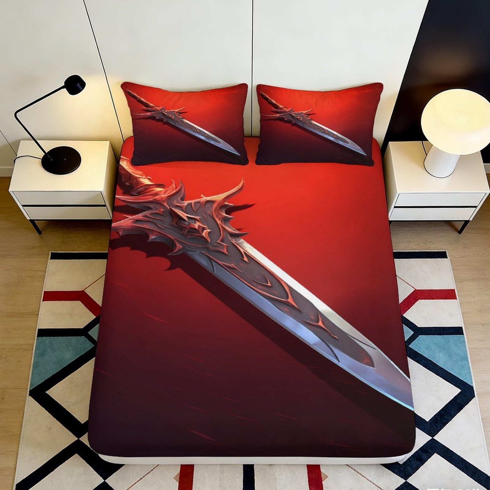 3D Printed Fantasy Sword Fitted Sheet Microfiber Red Blade Mattress Cover for Bedroom Dorm Mattress Protector Decor 160x200x25cm