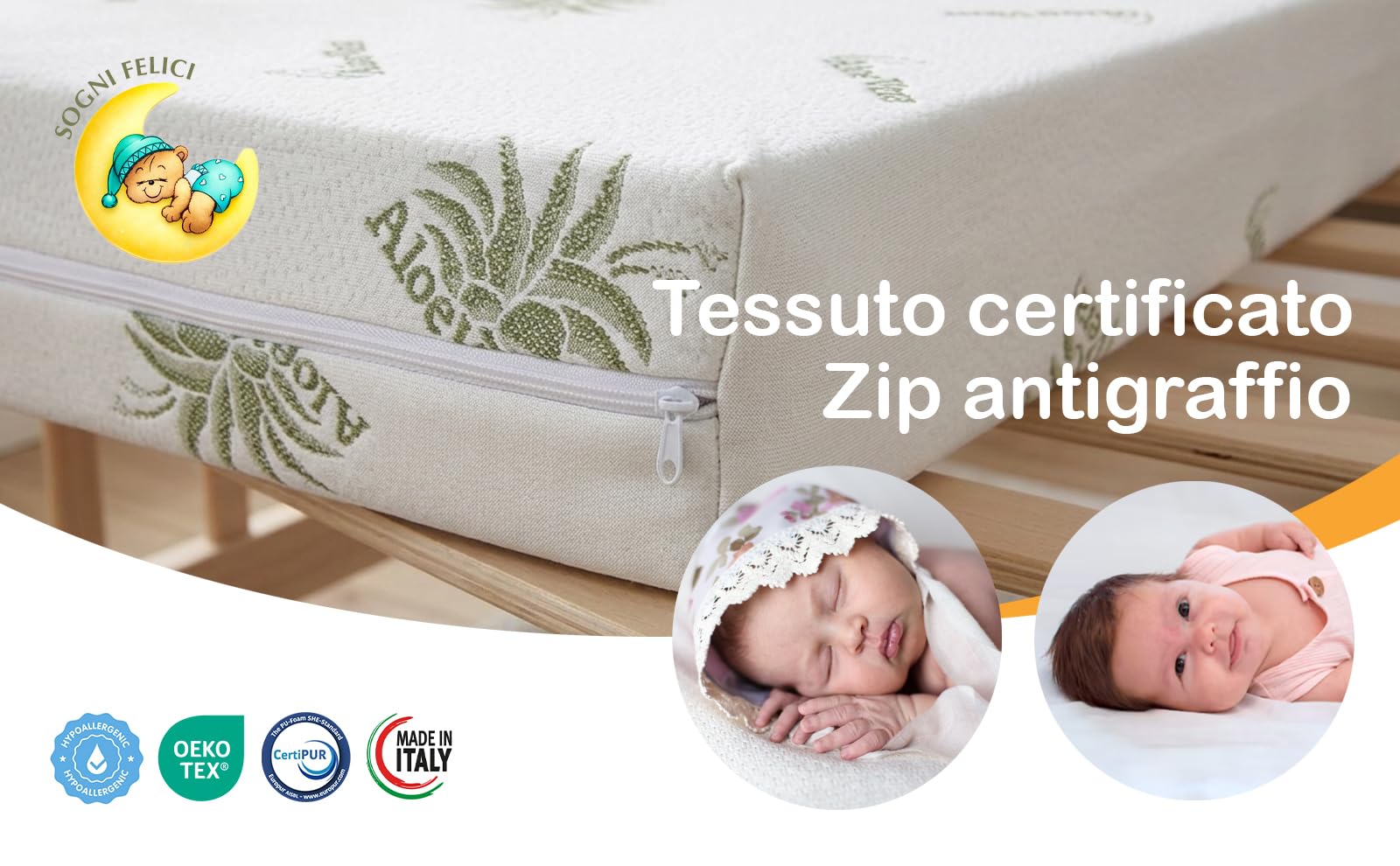 Materasso per Lettino Neonato 60x120 cm Spessore 10 cm con Cuscino – Rivestimento Aloe Vera Antiacaro, Traspirante e Lavabile antisoffocamento OEKO-TEX Standard 100 e CertiPUR