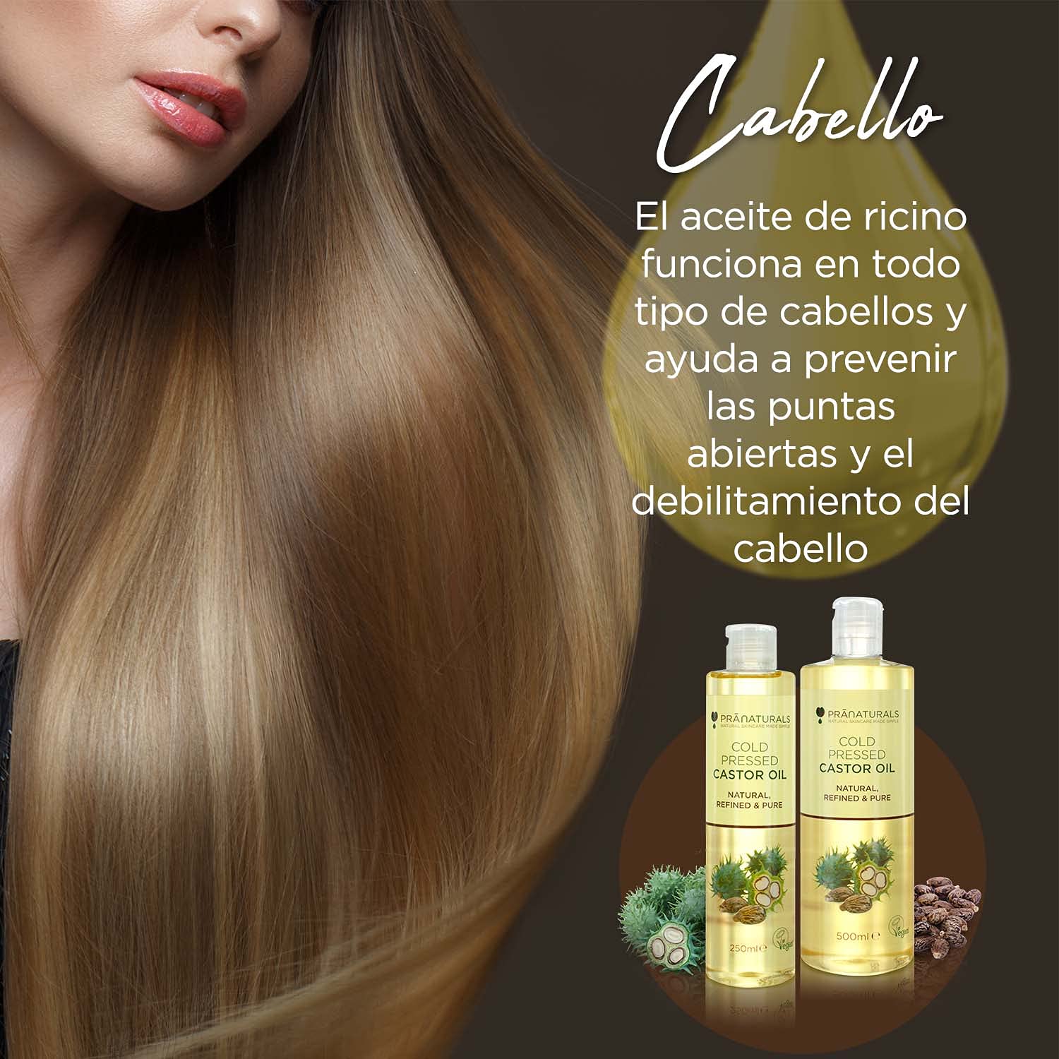 Aceite de ricino prensado en frío 500ml 100% vegano natural para crecimiento pelo pestañas piel suave omega 6 y 9