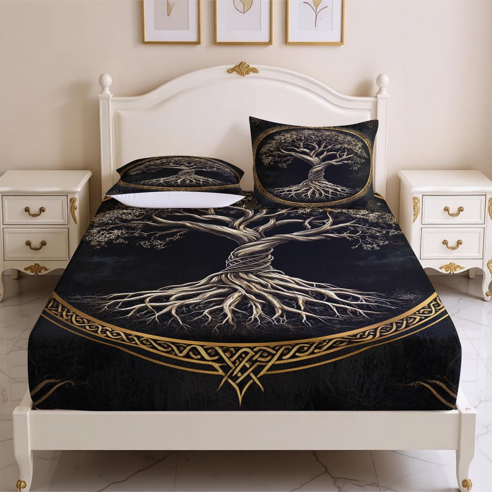 Lenzuolo con Angoli 180 x 200 cm Microfibra Albero della vita retrò Lenzuolo Sotto Elasticizzato Profondo 25 cm marrone per Singolo e Matrimoniale