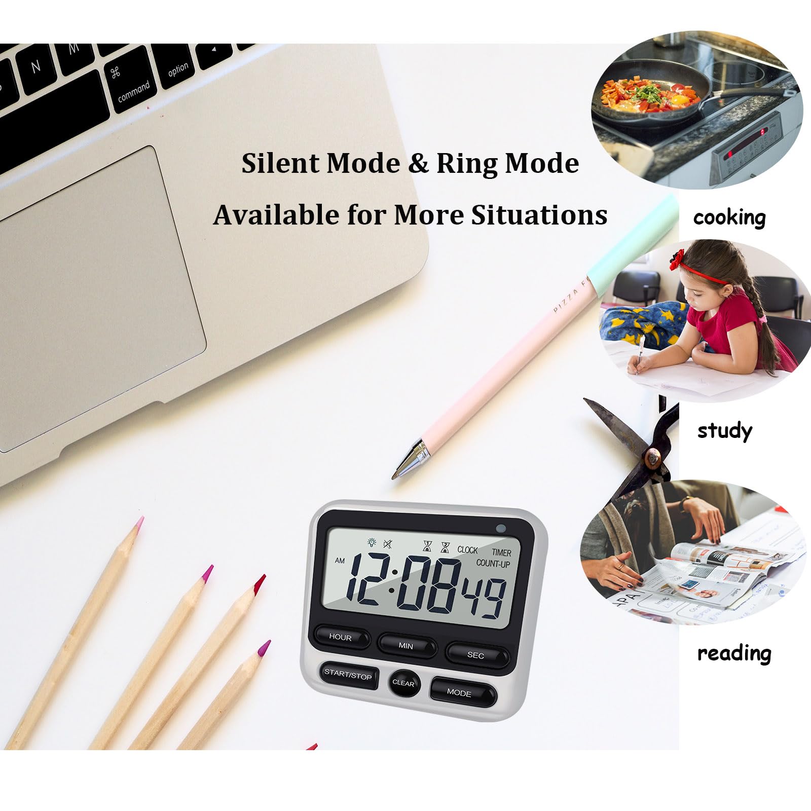 Paquete de 2 temporizadores digitales de cocina dobles con imán, cuenta regresiva y cronómetro de 24 horas, alarma fuerte, reloj de 12/24 horas, calendario, modo de silencio, indicador visual