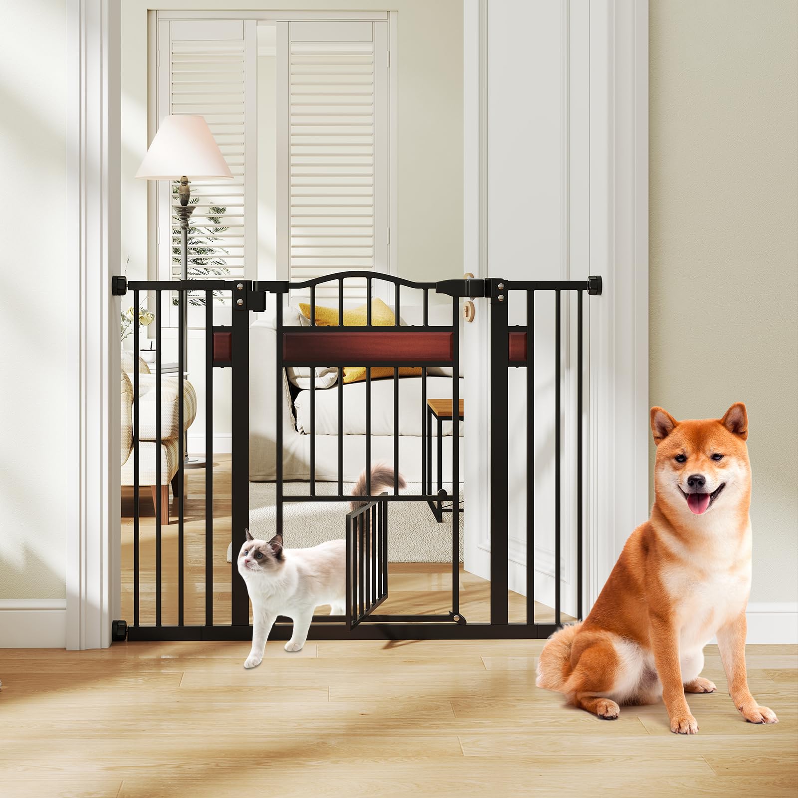 COSTWAY Cancelletto per Cani per Aperture 74-104 cm, Cancello per Cani con Porta Piccola, 2 Estensioni e Doppio Blocco, Cancelletto in Metallo da Interno per Cucina, Scale e Soggiorno (Nero)