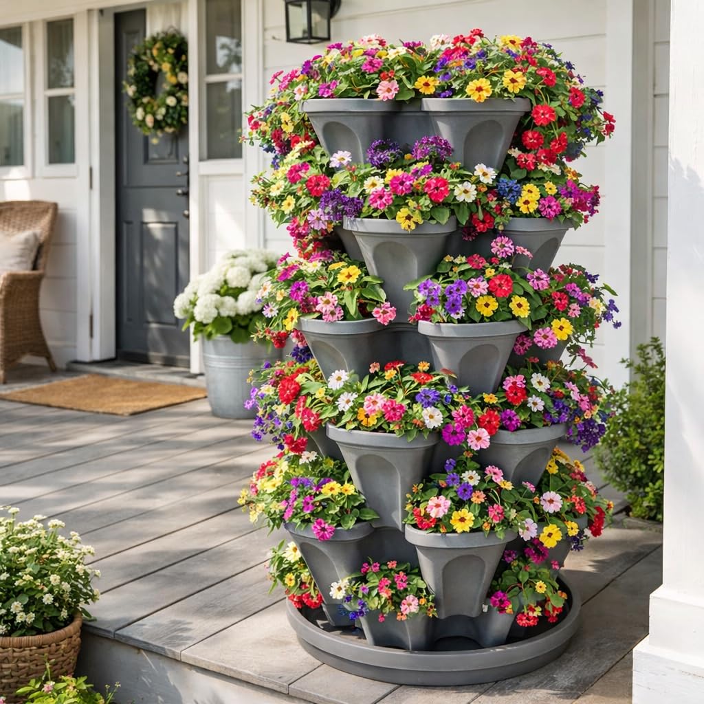 5-stöckiger stapelbarer Erdbeergarten,24 Quart Indoor/Outdoor Stapelbarer Übertopf mit Untersetzer, Erdbeeren und Blumen aus der Küche oder dem Hinterhof,Pflanzen und Stapeln! Einfache Gartenarbeit