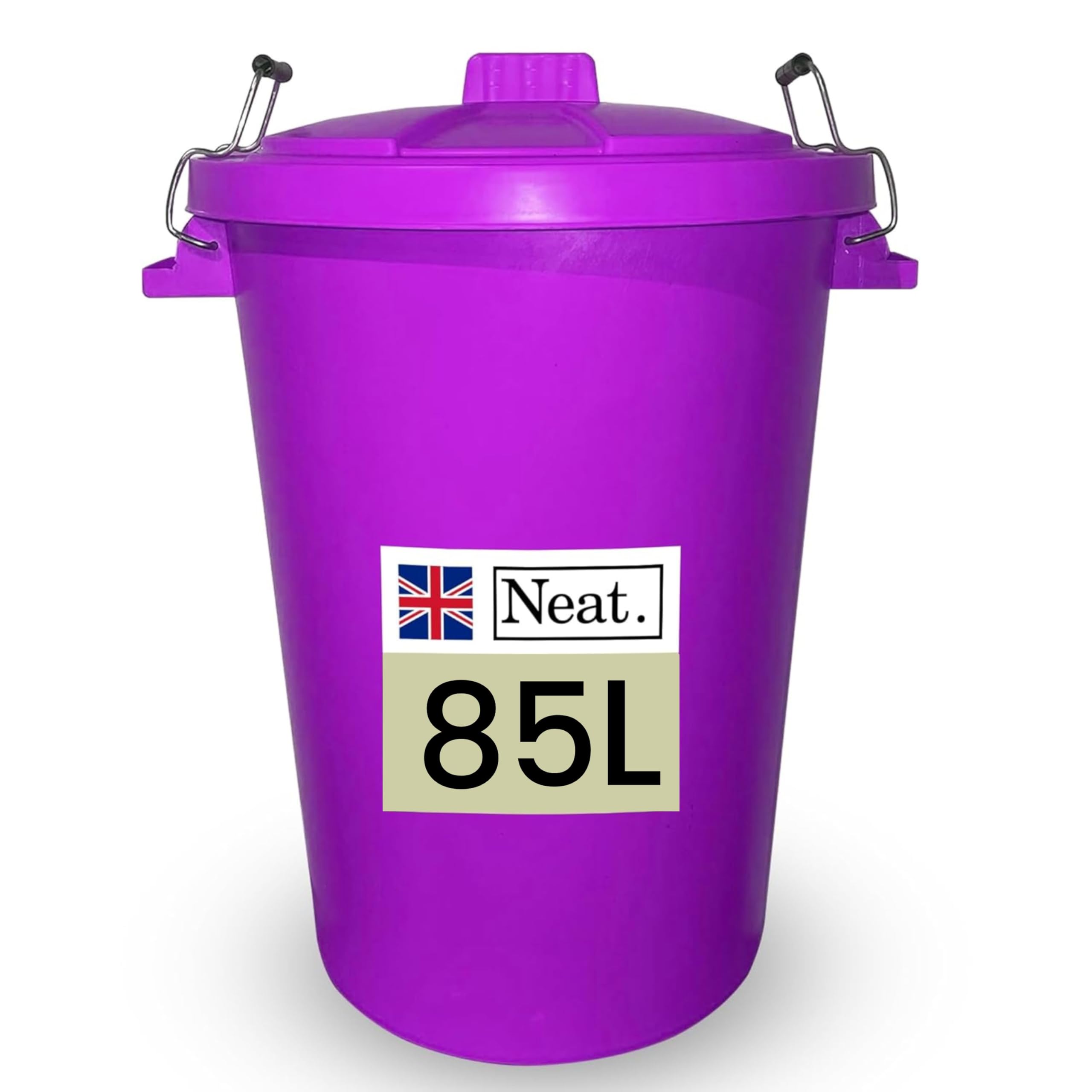 Neat. Extra Large Plastic Dustbin with Clip Locking Lid - Heavy Duty Garden Bin for Rubbish, Recycling, Animal Feed, and Storage, 85 Litre, Purple, Pack of 3