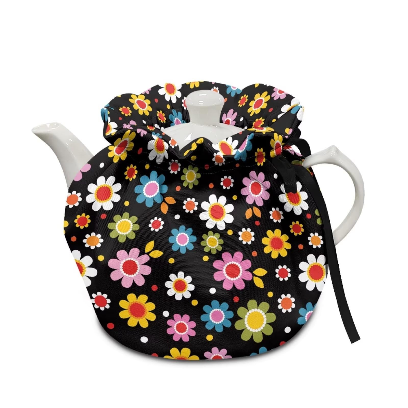 Gomyblomy Colorful Flowers Cotton Teapot Cover, Women's Washable Insulated Breakfast Kettle Decorative Cover, Soft Reversible Use Kettle Protector with Elastic Band, Teapot Accessories