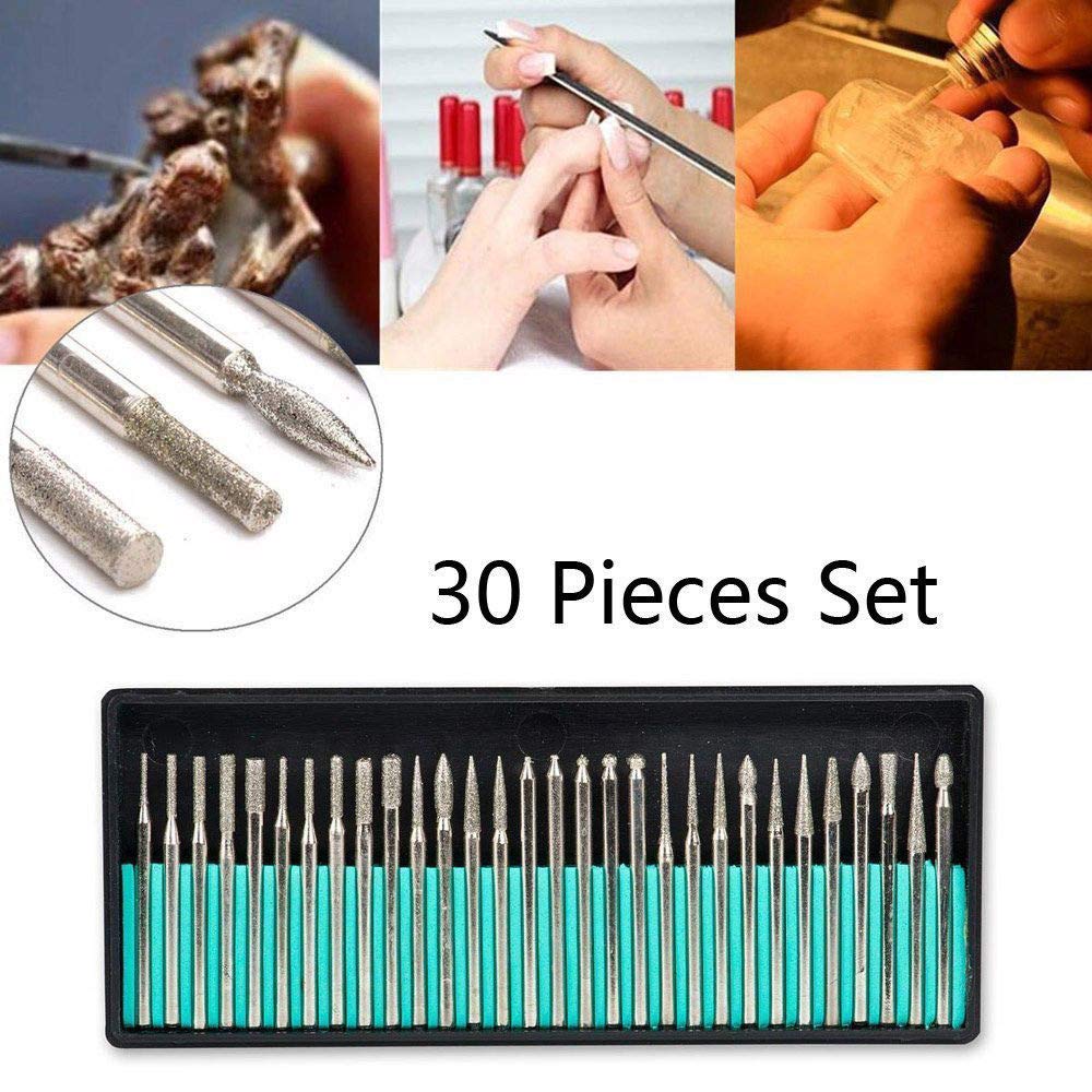 Diamond BurrSet di 30 frese rotanti a gambo da 2,35 mm, per vetro, pietra preziosa, metallo