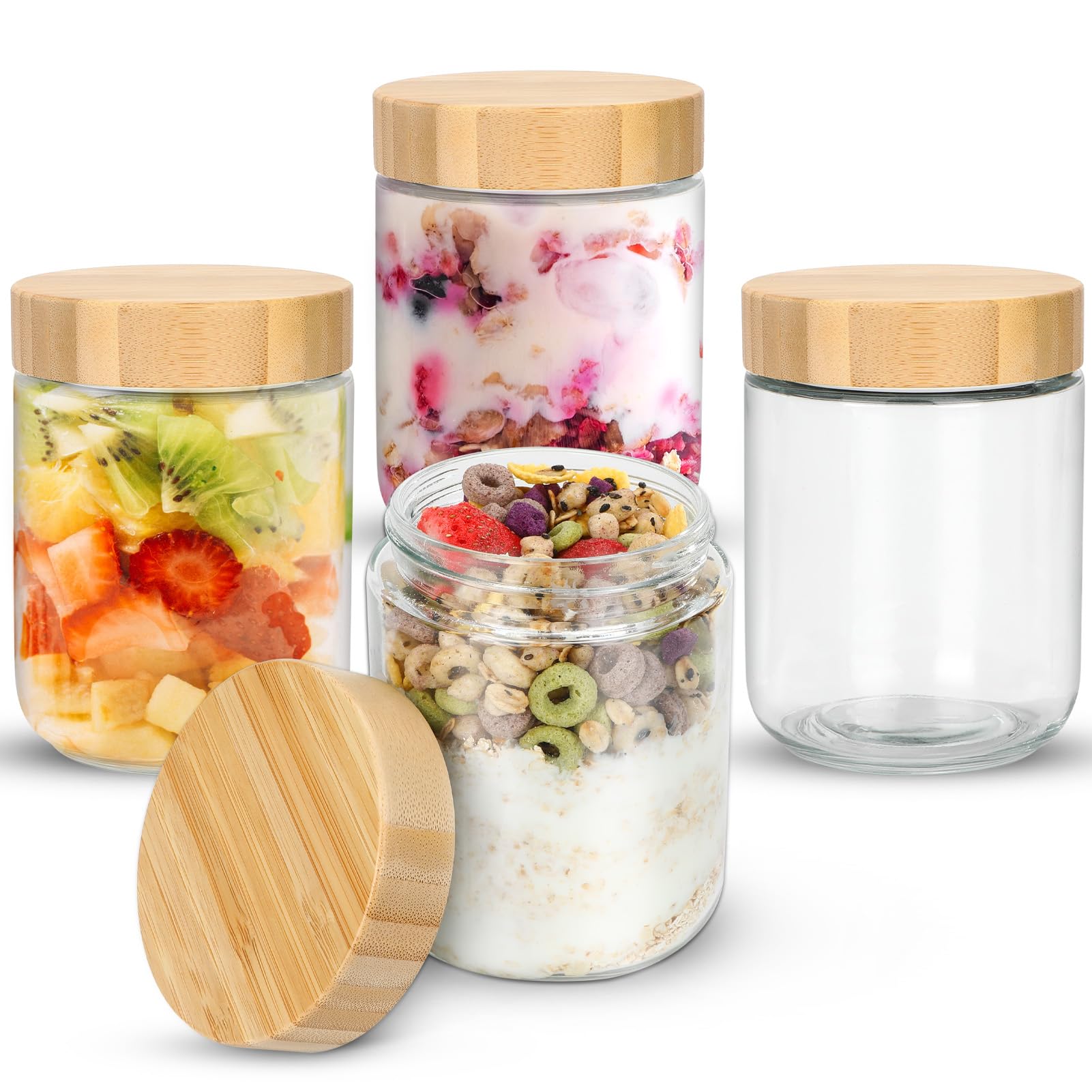 500ml Barattoli di Vetro con Coperchio in Legno,4 Pezzi Vasetto di Avena per la Notte,Contenitore Vetro per Yogurt,Overnight Oats Jar Vasetti per Yogurt,Vasetti per Marmellata,Insalate,Frutta