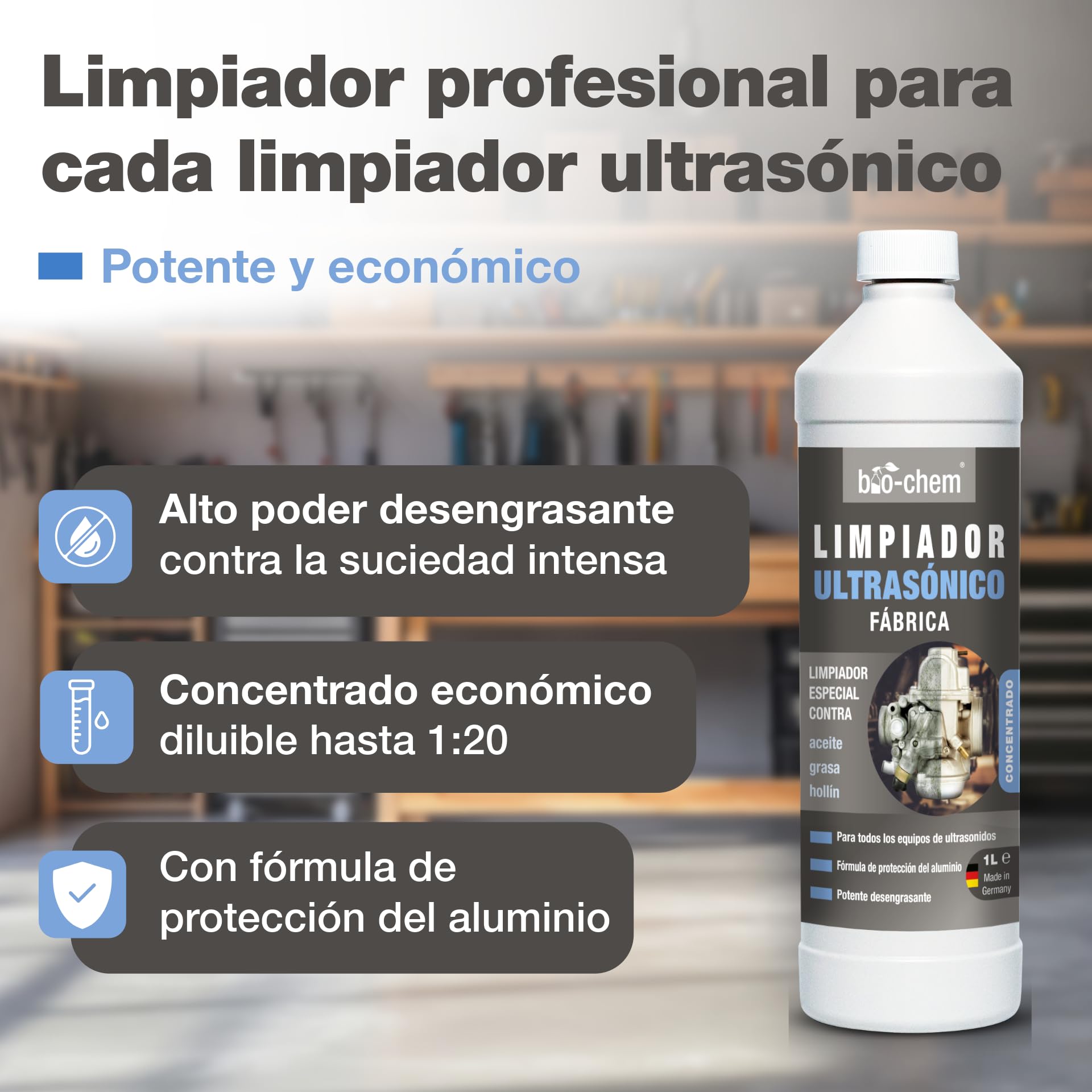 Bio-Chem - Limpiador ultrasónico para talleres, 5L concentrado - Uso profesional en talleres e industria - Producto para carburadores, piezas mecánicas y componentes electrónicos