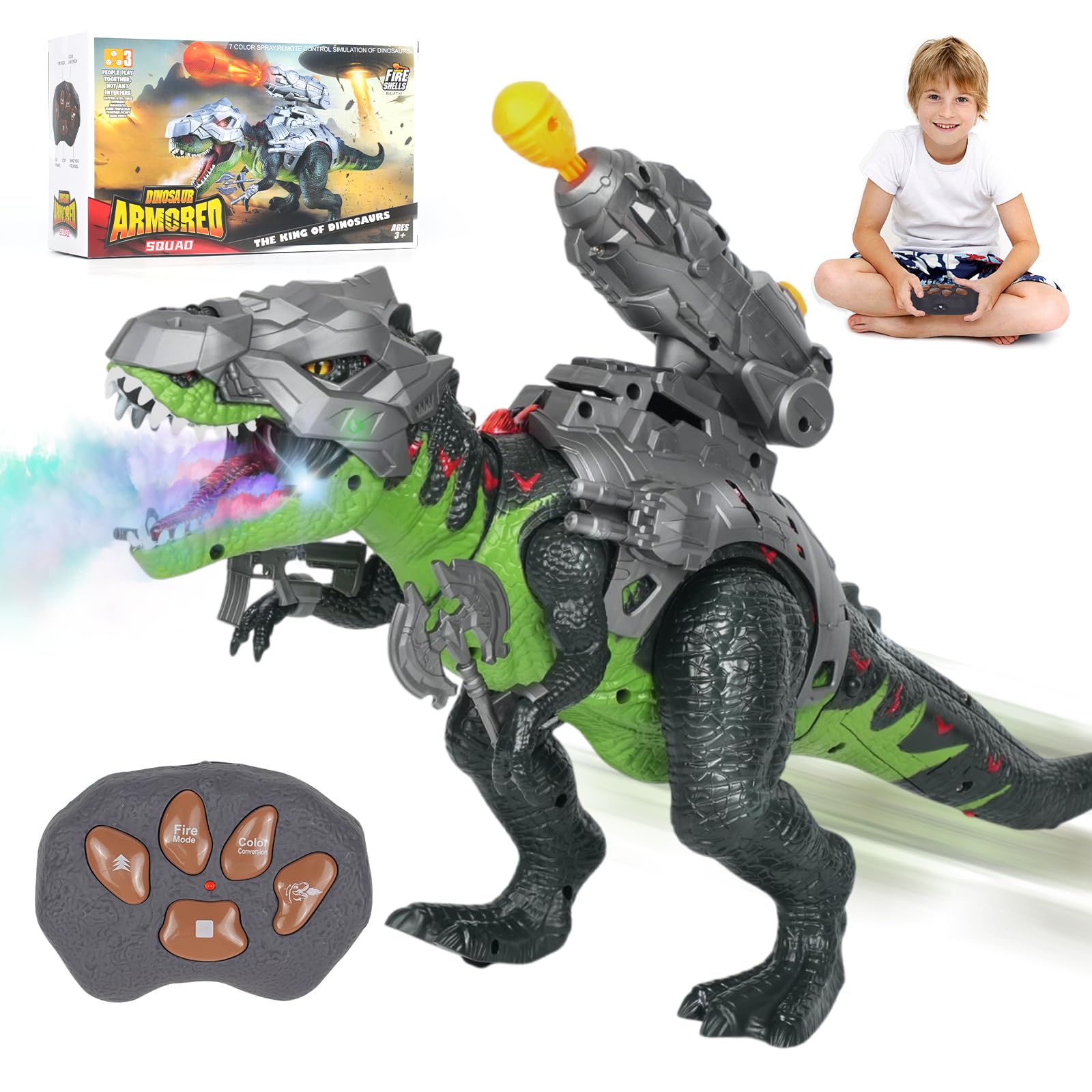 LINEQIC 7 Color Sprays Remote Control Dinosaur Toy - Realistic Roaring Action with Flame and Frost Effects for Kids Aged 3+, The Best Choice for Gift