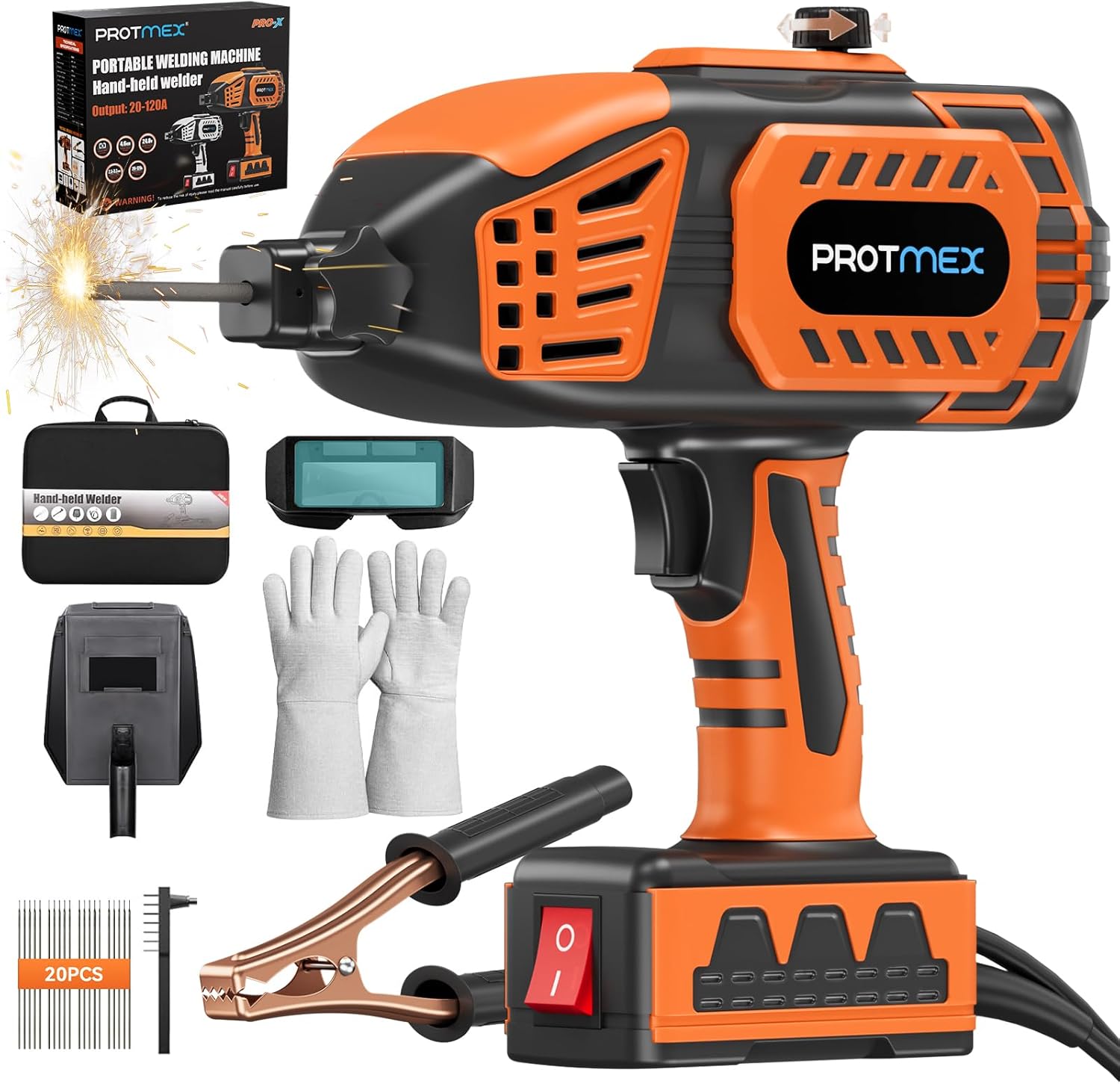 Protmex Portable Handheld 110V ARC Welder IGBT Inverter, 20-120A Adjustable Current, Fits 3/32-1/8 Rods + 20 Rods for DIY Home Repair