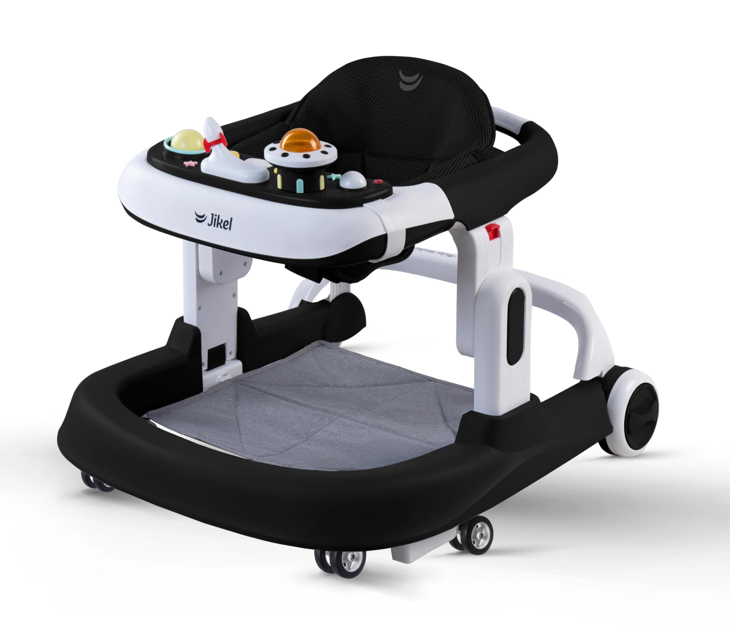 JikelOxi Baby Walker2-in-1/Height adjustable and Foldable/Detachable music/play tray/Adjustable brakes for rear wheels/Padded seat/Removable jumping mat and washable seat/6 to 18 months (Black)