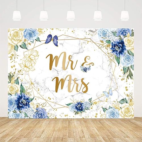 Miniatura 2 de Telón de fondo floral de mármol de 7 x 5 pies para despedida de soltera, flores azules, mariposa, fondo geométrico dorado para parejas, decoración
