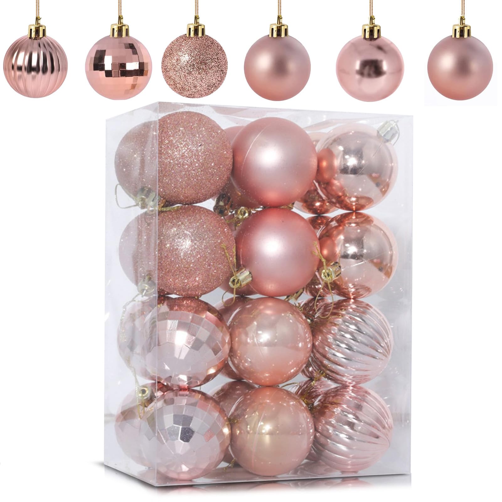24Pcs Rose Gold Baubles for Christmas Tree Decorations,60mm/2.36" Large Xmas Bauble Hanging Ball,Christma Balls Ornaments with String,Shatterproof Christmas Baubles for Xmas Tree Holiday Party