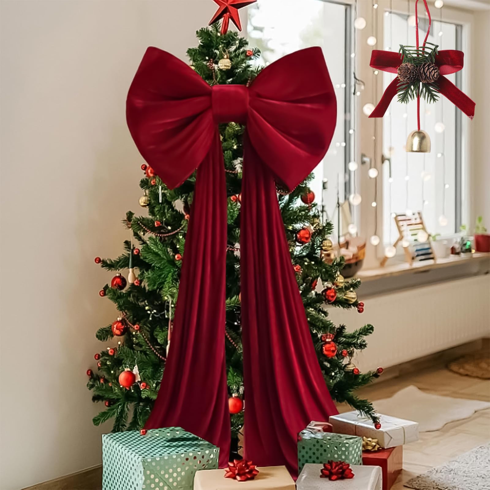 Extra Large Christmas Tree Topper Red Velvet Bow, Giant Bows Christmas Tree Topper Ornament, Christmass Extra Large Velvet Bow, for Home Party Holiday Decor Supplies (15.7x43.3in)