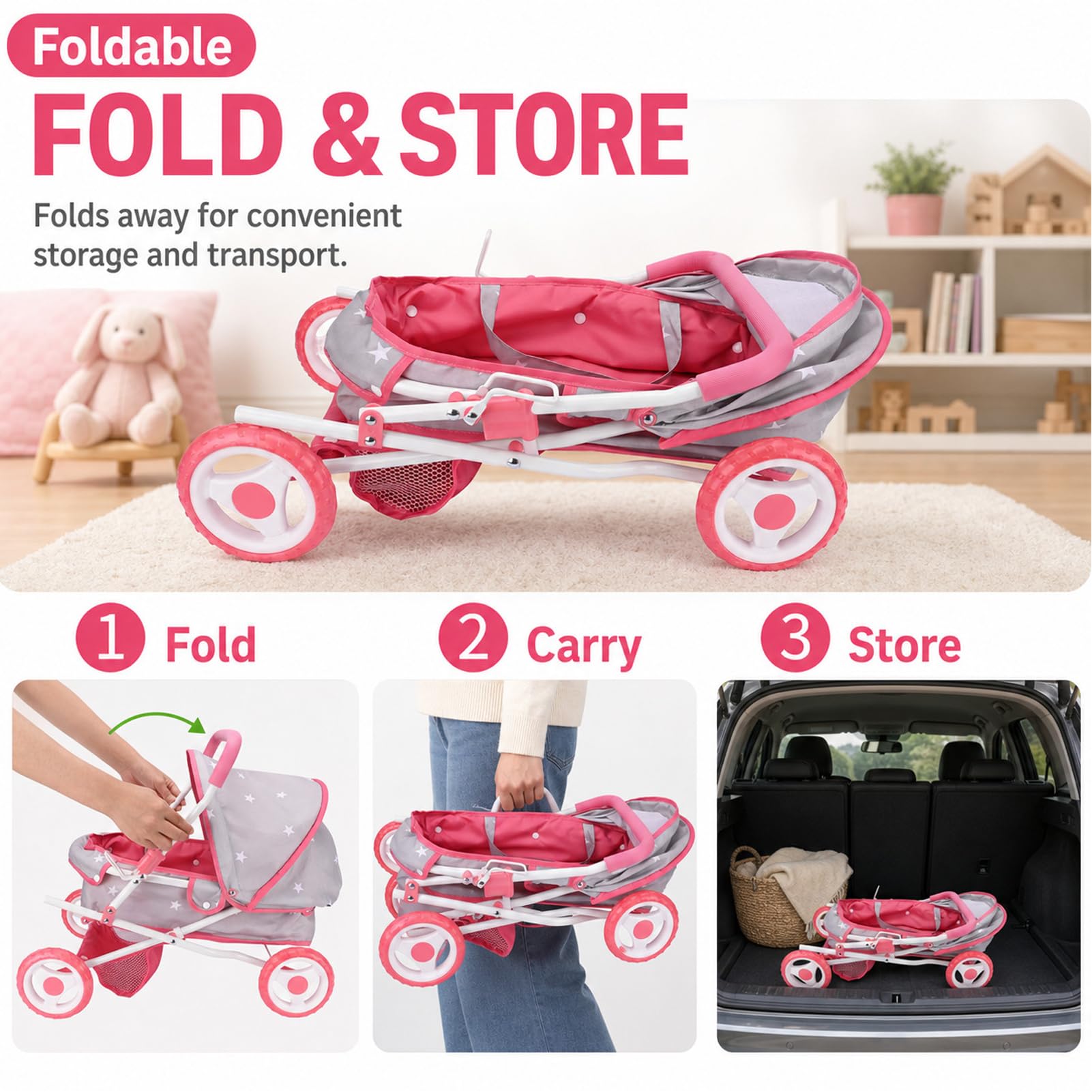 Bebamour Set passeggino 2 in 1 con culla rimovibile e giocattoli per bambini piccoli (grigio)