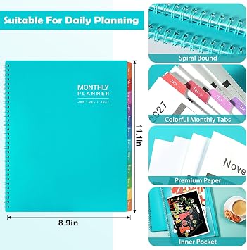 2027 Planner-2027 Monthly Planner, Jan 2027-Dec 2027, 9 x 11 | 12-Month Calendar Planner with Inner Pocket and Colorful Monthly Tabs, Ideal for School and Work