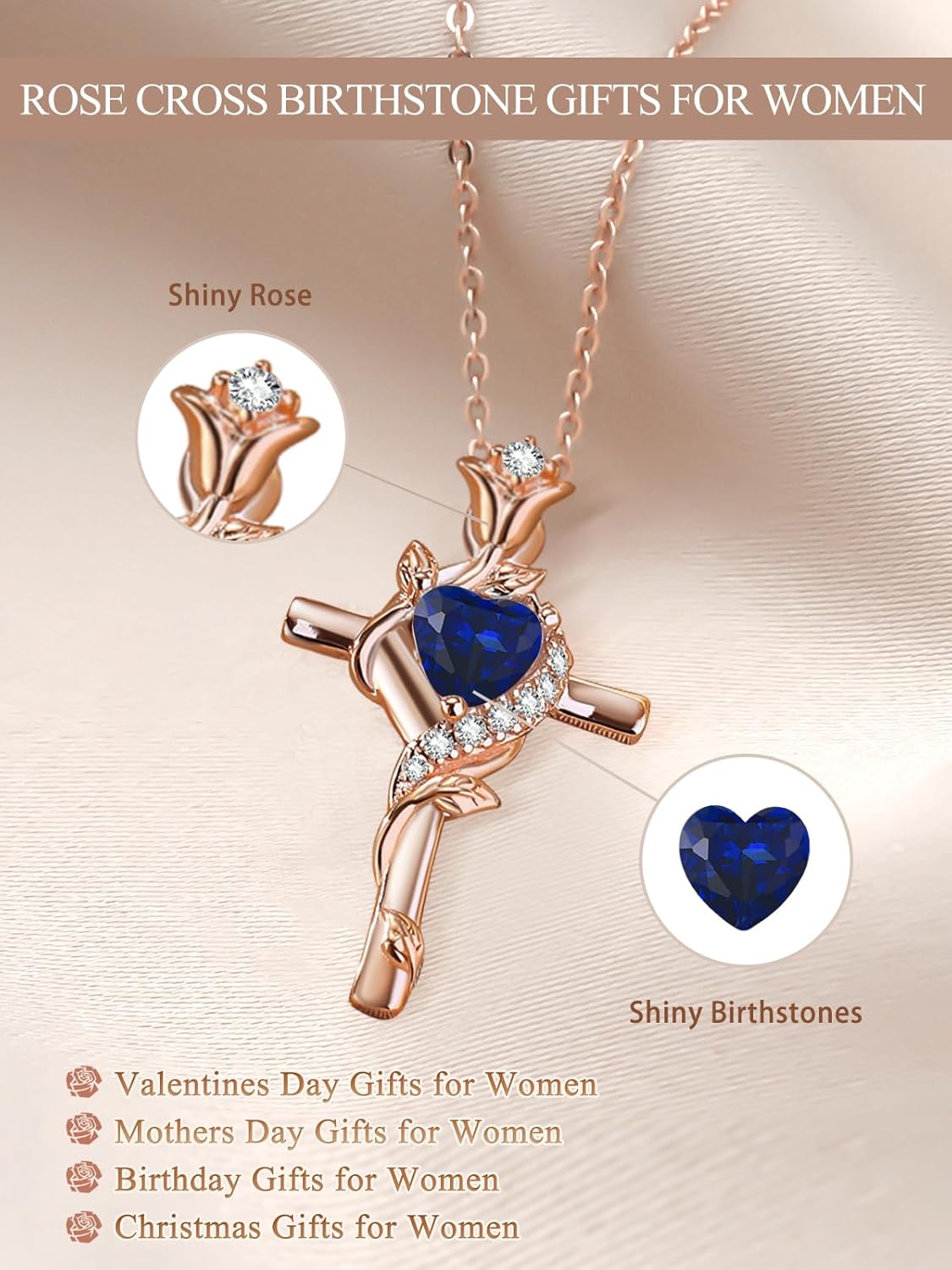Rose Cross Necklaces for Women, 14K/18K/24K Gold/Rose Gold Cross Jewelry with Birthstone Pendant, Valentines Day Birthday Gifts for Women, 18+2 Inch Chain - Image 3