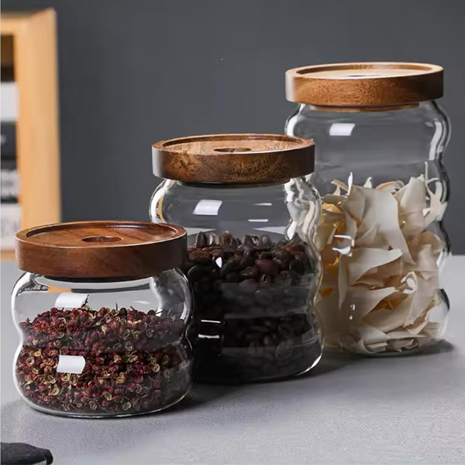 Kuber Industries Borosilicate Glass Jar with Bamboo Lid | Multi-utility | Leakproof | Airtight Storage Jar for Cookies, Snacks, Tea, Coffee, Sugar | Set of 3 (340ml, 550ml, 700ml)