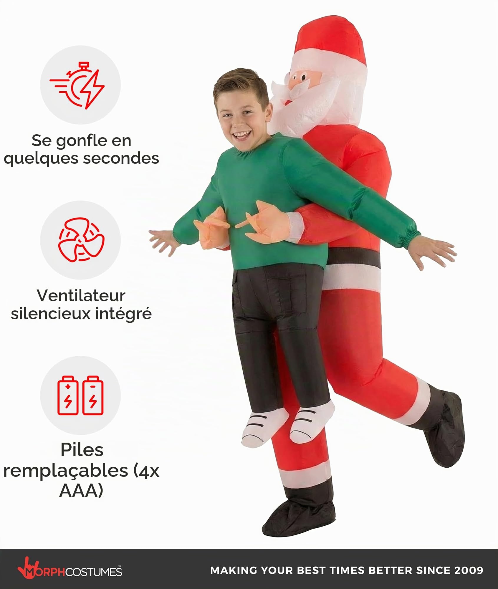 Morph Deguisement Pere Noel Gonflable Enfant, Costume Halloween Garcon | Combinaison Rouge Gonflable avec Ventilateur, Se Gonfle en 60 Secondes, Parfait pour Halloween, Toujours un Succès