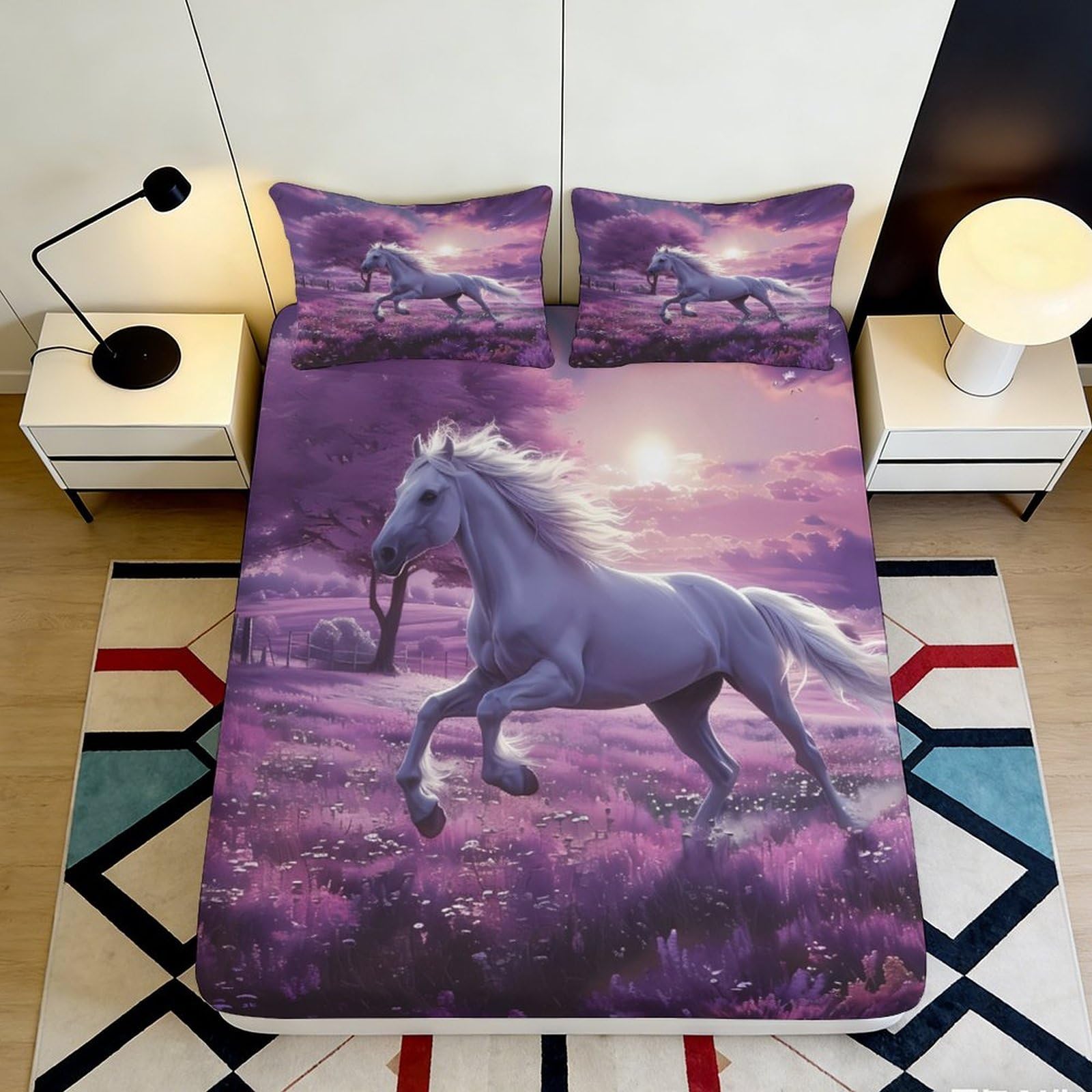 Jqzkxnhpbr Style-7 3D Printed White Horse Sunset Fitted Sheet Microfiber Purple Landscape Bed Cover Bedroom Decor 90X200x25cm