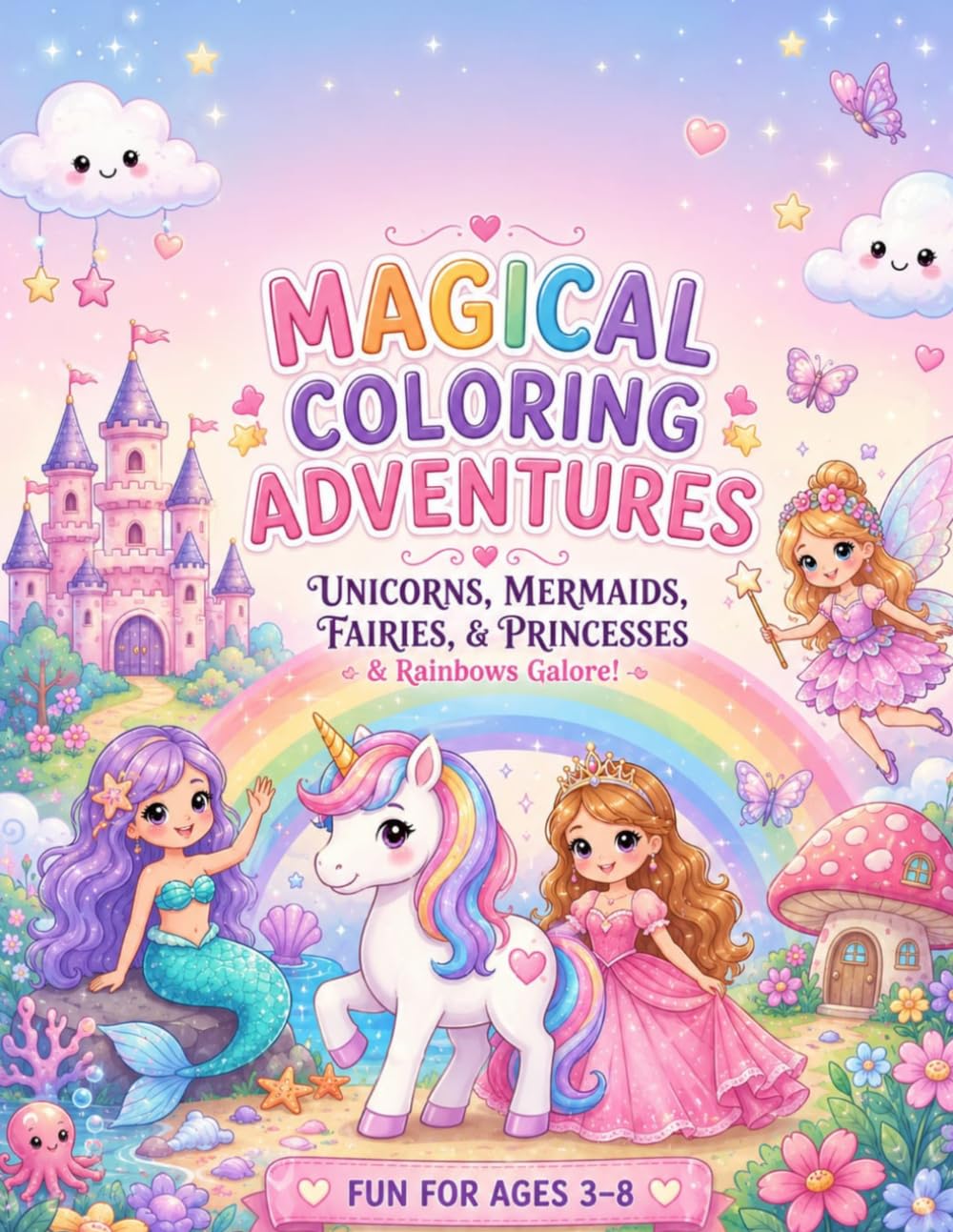 Magical Coloring Adventures: 40 Cute Unicorns, Mermaids, Fairies, Princesses and Rainbows Coloring Pages for Kids Ages 3–8