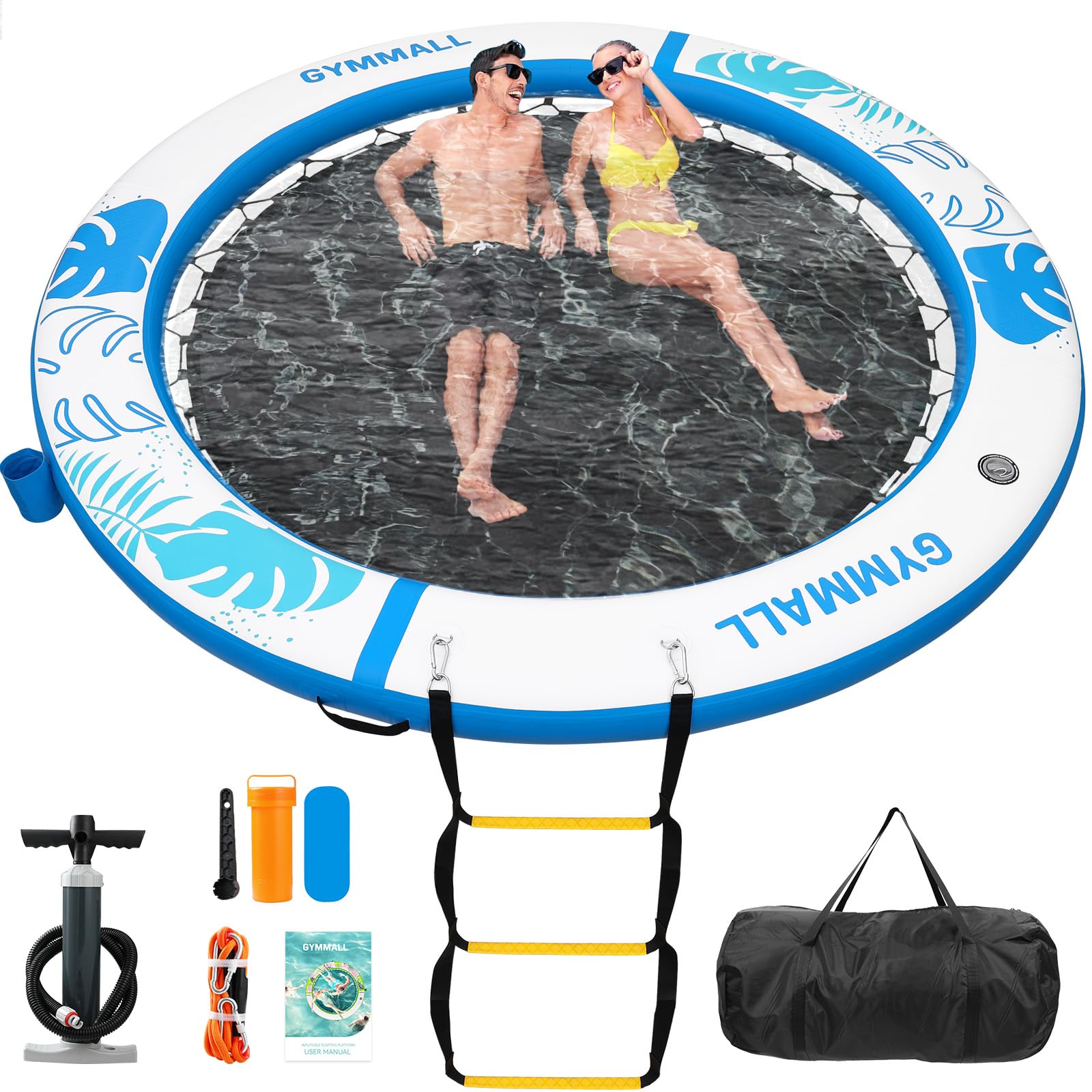 GYMMALL Inflatable Water Hammock Floating Dock 8 FT with Mesh, Tanning Pool Float Round Ring for Adults, Sunchill Mat Raft Platform for Lake and Beach with Water Ladder and Cup Holder